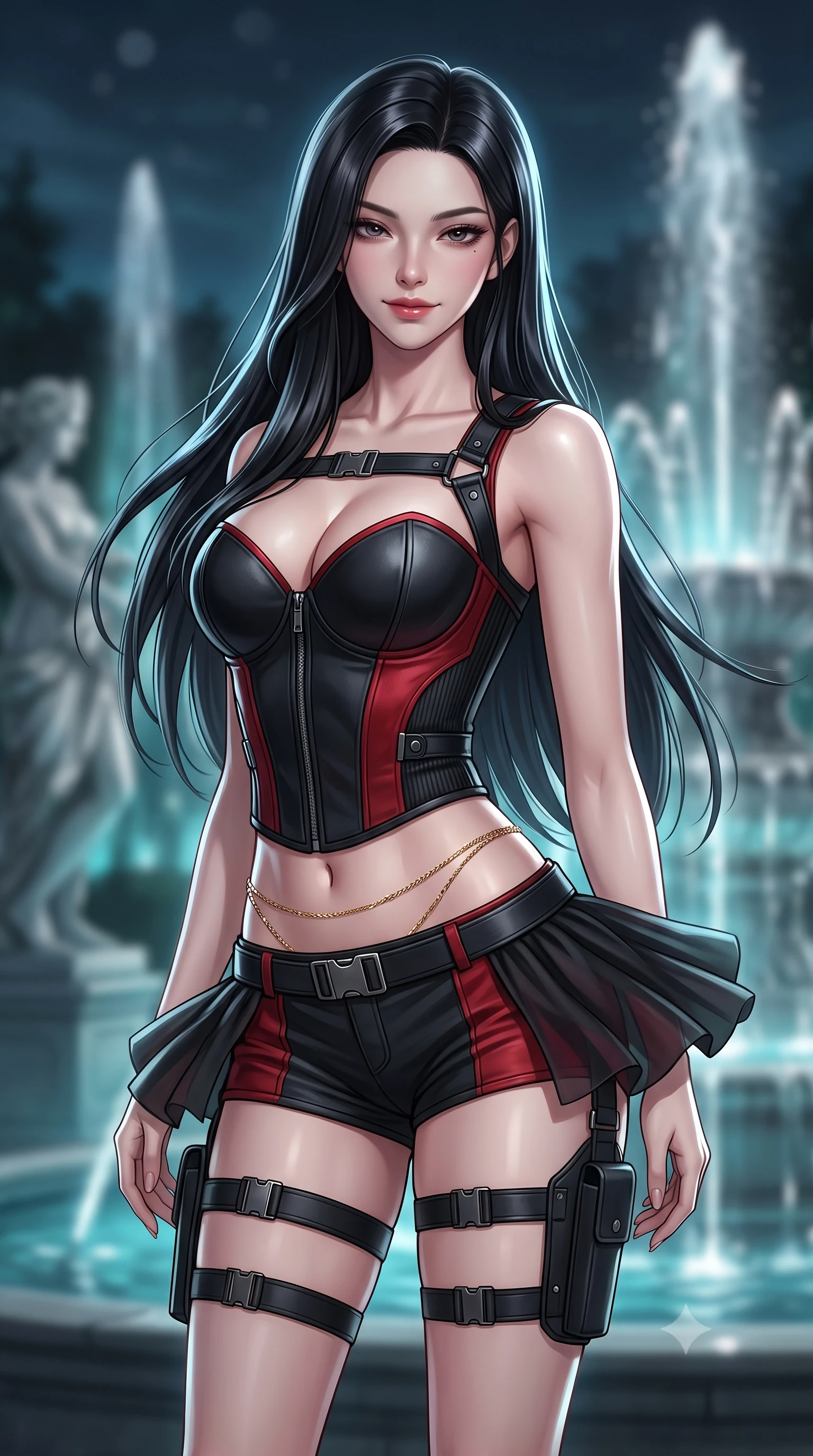 score_9, masterpiece, best quality, ultra-detailed, high-budget anime keyframe, semi-realistic 3D game render, editorial fashion photography, tasteful artistic composition, Korean woman. close-up cowboy shot from the waist and thighs up, the character dominates the composition, filling the frame with her large presence. turning slowly with an enchanting smoldering smile, her glossy hair tossing in the breeze as her hips angle gracefully in a captivating contrapposto while twisting her slender torso in an alluring S-curve, cool night breezes fluttering her micro-tutu around her long slender legs and curvy hips. The background shows a soft-focus illuminated palace fountains spraying into the midnight air and classical garden sculptures blurred into turquoise, silver, and charcoal bokeh. She has an exceptionally elegant, slender, and willowy female figure with an ultra-slim waist, flat toned midriff, narrow ribcage, and sculpted feminine hips creating an alluring, slim hourglass silhouette without bulk. sharp v-shaped jawline, high-bridge nose, sparkling eyes with hypnotic seductive depth, thick curled eyelashes, glossy parted lips with a natural dewy peach sheen, alluring bedroom-eyes with an enchanting coquettish smile, exuding magnetic siren charisma and sophisticated glamour, flawlessly proportioned anatomical accuracy, strict slender model proportions, natural body alignment, perfectly sculpted long slender limbs, ultra-slim waistline, clean dynamic posture without body distortion. wearing a structured boned tactical leatherette corset bodice paired with low-rise cargo hot-pants and thigh holster straps in matte obsidian black and tactical crimson red with gunmetal hardware, tailored from fine ribbed modal knit with gentle elastic contouring and soft hand-feel, accented with a dainty gold belly chain resting across her flat midriff and curving hips, the high-slit wrap tailoring accentuating her ultra-slim waistline and the enchanting curve of her feminine hips with alluring seductive charm. illuminated by fountain water caustic bounce and sharp platinum rim lights sculpting her delicate clavicles, narrow waist, and curvy hips. highly saturated vibrant anime colors, detailed shading with soft gradients, rich glossy textures, high-contrast stereoscopic depth, volumetric dynamic lighting, master piece, 9:16 ratio
