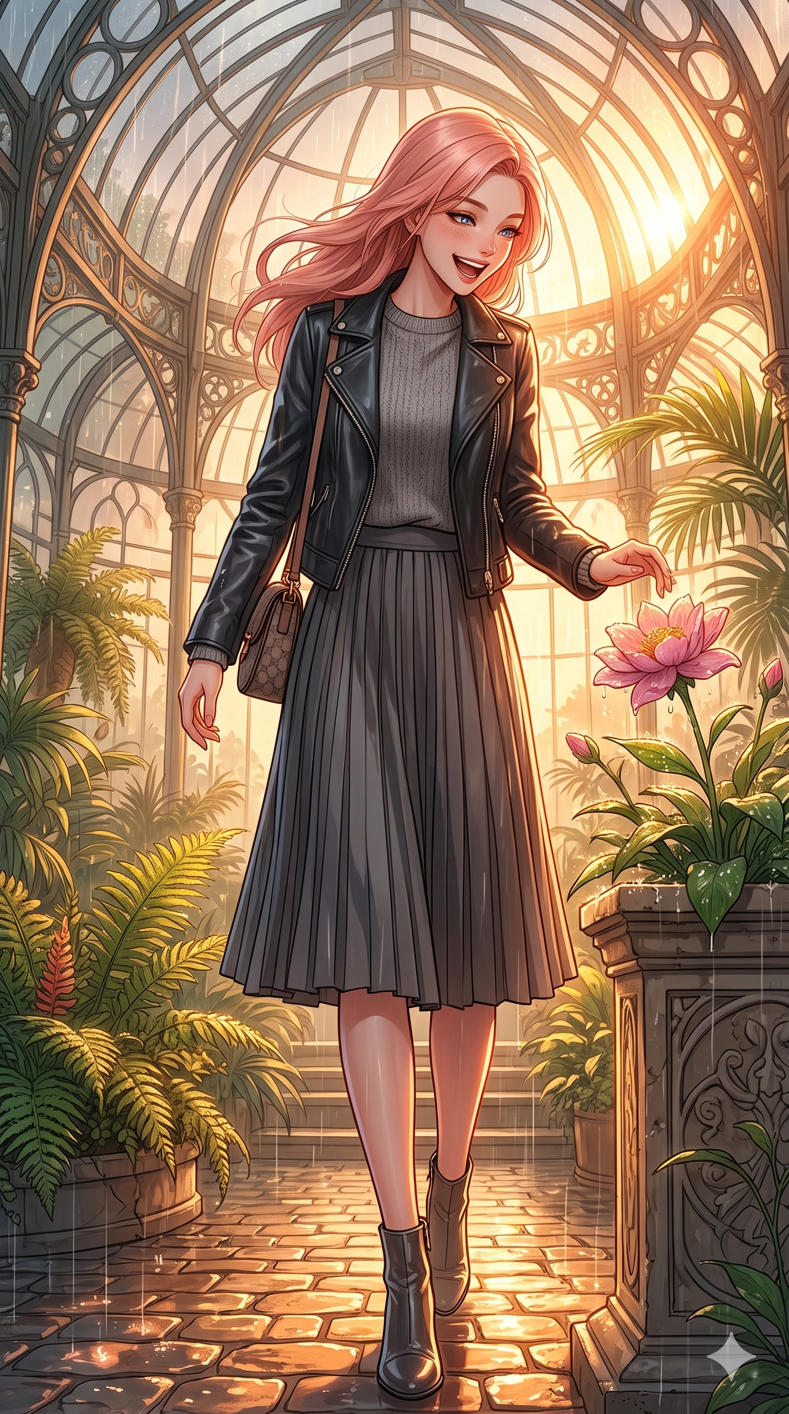 score_9, masterpiece, best quality, ultra-detailed, high-budget anime keyframe, vibrant anime aesthetic, Japanese woman. low angle full-body shot from head to toe showing her feet, filling the entire 9:16 vertical frame with her statuesque presence, stretching her vertical silhouette. She is laughing happily while looking down at a blooming rain-drenched flower, her eyes glowing with lively energy surrounded by fresh morning mist. inside an elegant art-nouveau conservatory filled with lush ferns, under a sun shower with volumetric light beams (Code-P22-034). She has an absolutely perfect 8-heads proportion, an exceptionally tall and slender female figure with impossibly long slender legs and an ultra-slim waist. V-shaped jawline, high-bridge nose, intricate jewel-like eyes with depth, thick eyelashes, glossy lips with a natural sheen. wearing a sleek black leather jacket over a grey crewneck sweater and a pleated midi skirt with a designer bag. She is bathed in glowing sunset light reflecting off wet cobblestones, creating a warm, inviting, and atmospheric glow during a refreshing sun shower. 2k, ultra detail, master piece, 9:16 ratio