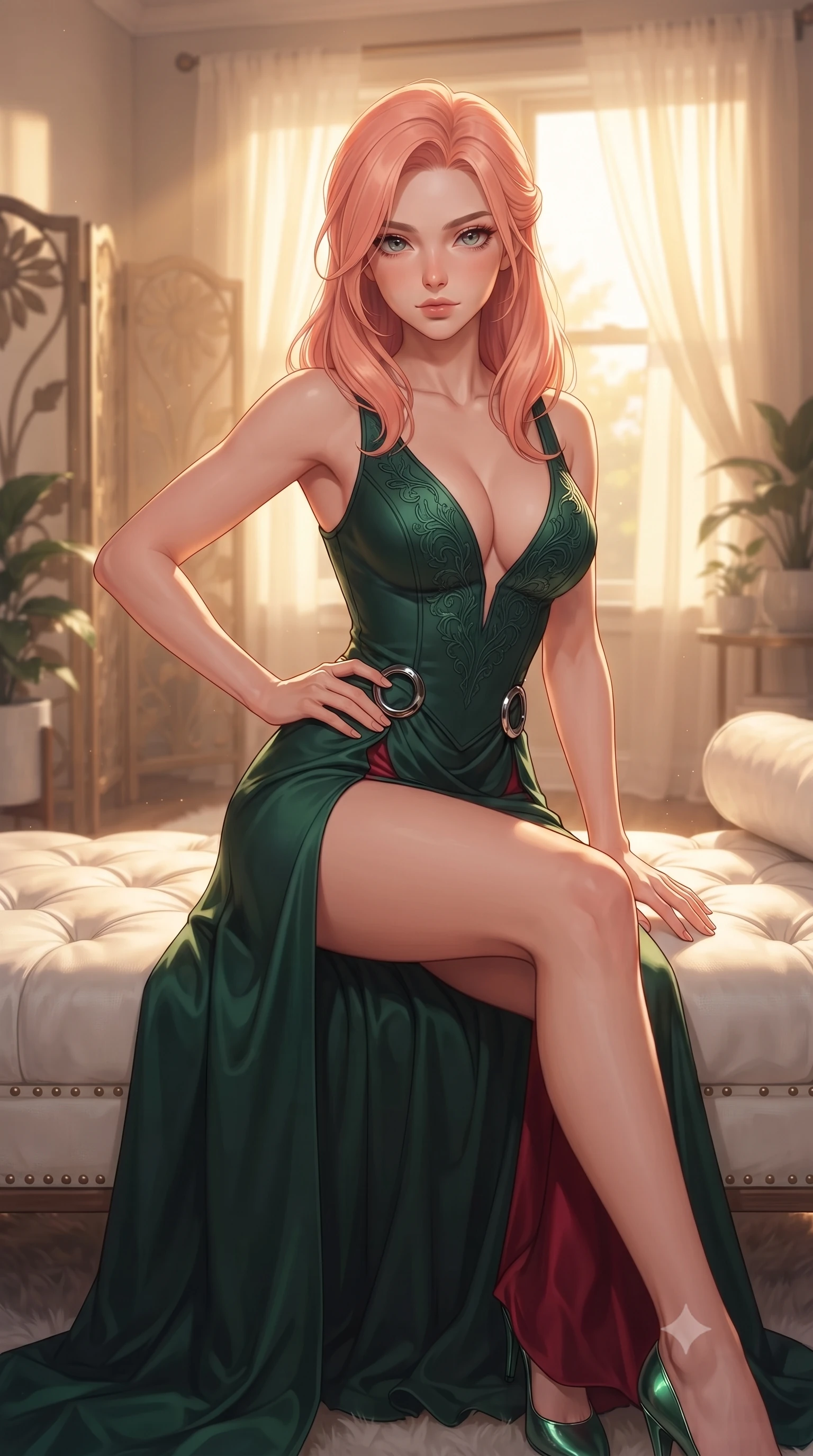 score_9, masterpiece, best quality, ultra-detailed, high-budget anime keyframe, editorial fashion photography, tasteful artistic composition, Japanese woman. close-up cowboy shot from the waist and thighs up, the character dominates the composition, filling the frame with her large presence, background elements kept in soft focus. Holding a confident power pose with one hand on her hip, lounging on a white linen daybed as warm afternoon sunbeams flood the room, golden sun rays highlighting her high-bridge nose and jewel-like eyes. She has an exceptionally elegant, slender, and willowy female figure with an ultra-slim waist, a gracefully sculpted slender torso, and a refined silhouette. sharp v-shaped jawline, high-bridge nose, intricate jewel-like eyes with depth, thick eyelashes, glossy lips with a natural sheen. wearing low-cut gothic structured bodice gown with high leg slit in deep emerald green, made of soft crimson satin, accented with sculpted obsidian chrome rings at the waist, highlighting her statuesque proportions and ultra-slim waistline. bathed in warm golden afternoon sunbeams filtering through sheer ivory linen. ultra-reflective glossy finish, specular highlights, metallic sheen, high-contrast stereoscopic depth, volumetric dynamic lighting, 2k, ultra detail, master piece, 9:16 ratio