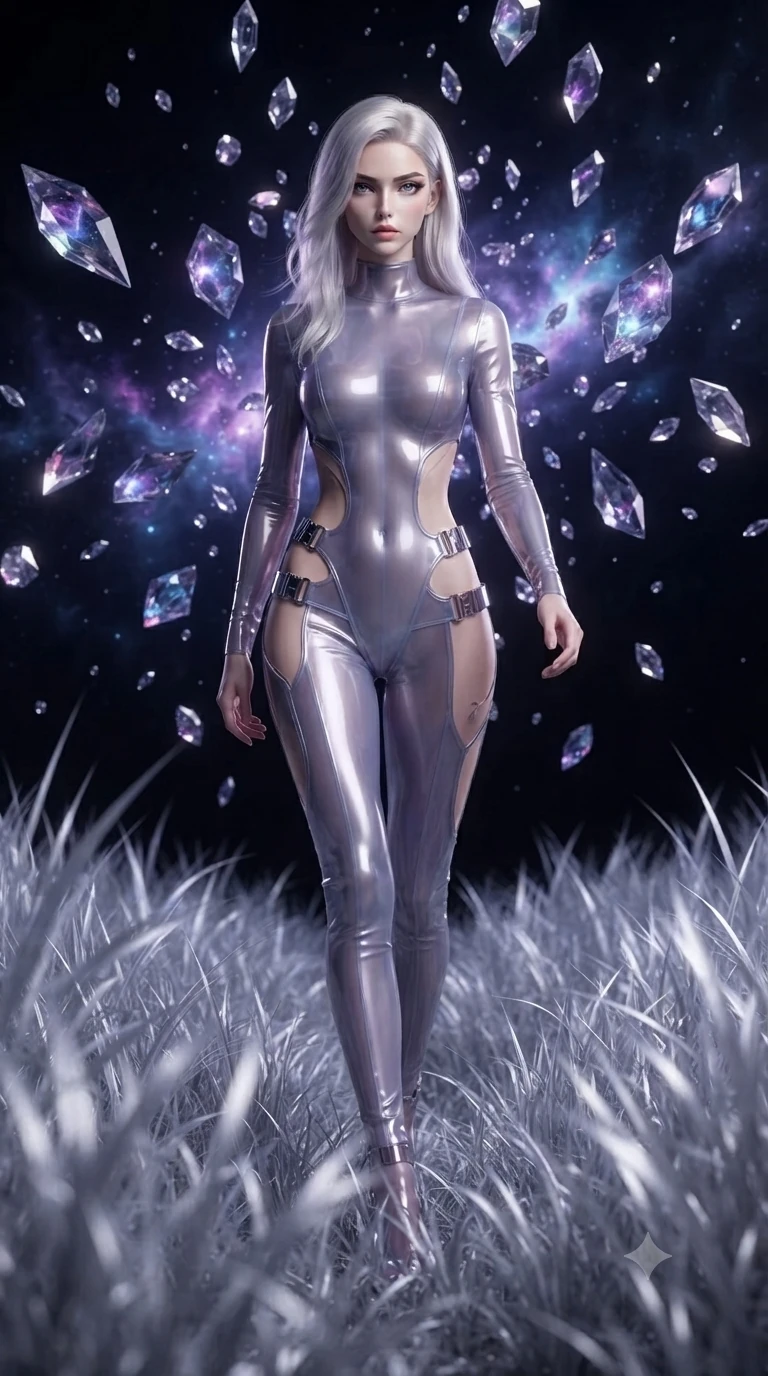 score_9, masterpiece, best quality, ultra-detailed, High-budget Anime Keyframe, editorial fashion photography, tasteful artistic composition, realistic cosplay photography, Caucasian woman, strictly human ears. Dynamic full-body shot stretching the vertical silhouette to the limit. Scenario 391: walking through a field of tall silver grass at a dark void filled with floating crystal shards reflecting purple nebulae. Her presence is magnetic and overpowering in this high-budget cinematic scene. Outfit 391: a tailored translucent PVC liquid with a strategic side cut-outs and metallic buckles. The clothing is designed to emphasize her exceptionally tall and slender 8-heads proportion. 8-heads proportion, towering silhouette, ultra-slim waist. sharp v-shaped jawline, intricate jewel-like eyes with depth, thick eyelashes, glossy lips. ultra-reflective glossy finish, specular highlights, metallic sheen, high-contrast stereoscopic depth, volumetric dynamic lighting, 2k, ultra detail, master piece, 9:16 ratio