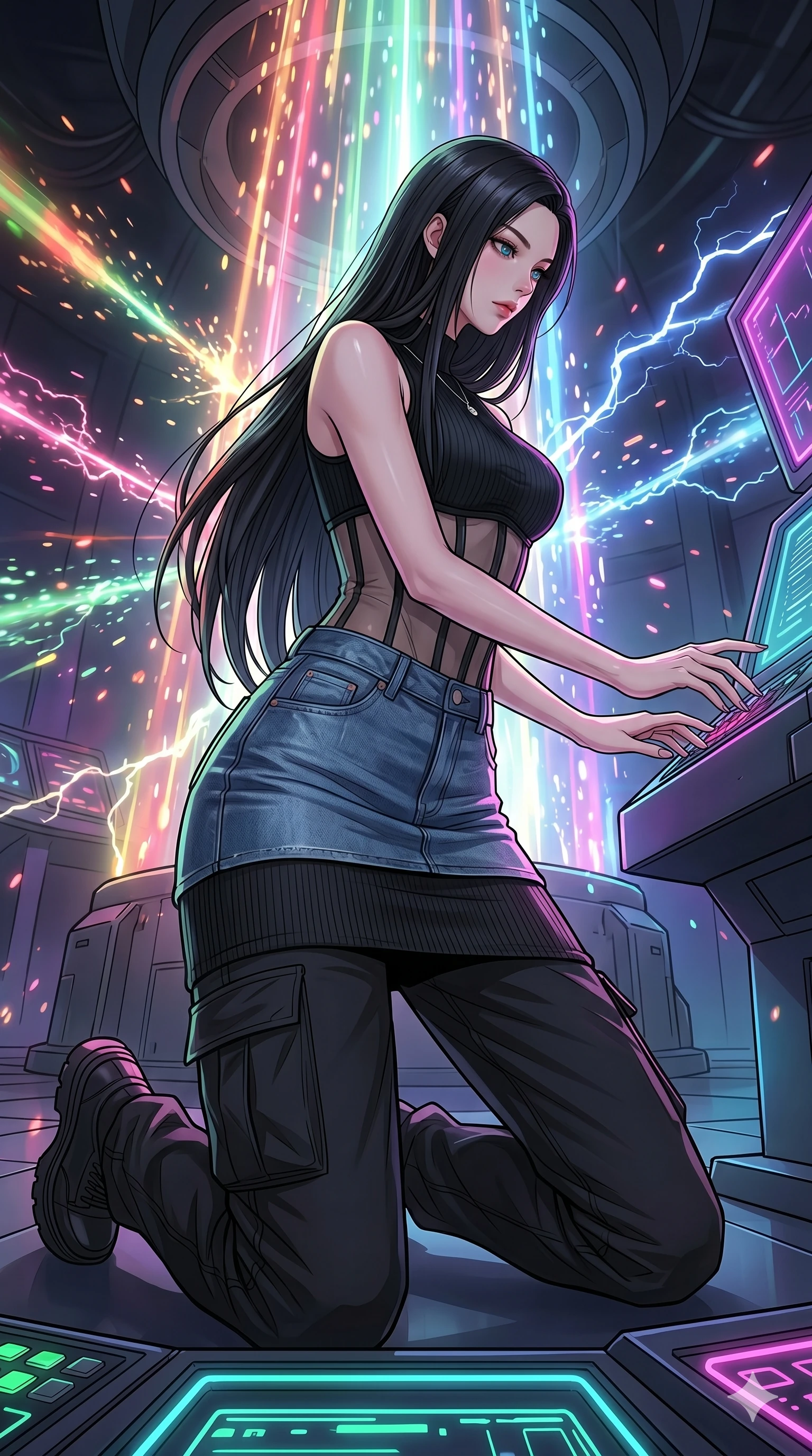 score_9, masterpiece, best quality, ultra-detailed, high-budget anime movie keyframe, cinematic anime lighting, intricate line art, Korean woman. Dynamic full-body shot stretching the vertical silhouette with extreme perspective. kneeling in the center of a particle accelerator as it reaches peak power. She has an absolutely perfect 8-heads proportion, an exceptionally tall and slender female figure with an ultra-slim waist and impossibly long slender legs. strictly human anatomy, two legs only, no extra limbs, clearly defined legs and arms, perfect anatomy, perfect hands and fingers. sharp v-shaped jawline, high-bridge nose, intricate jewel-like eyes, thick eyelashes, glossy lips. Wearing Urban Trendsetter: Ribbed bodycon dress, crop top with high-waist denim, and sheer corset with cargo pants. The scene is illuminated by dramatic atmospheric lighting and vibrant color palettes. , 2k, ultra detail, master piece, 9:16 ratio