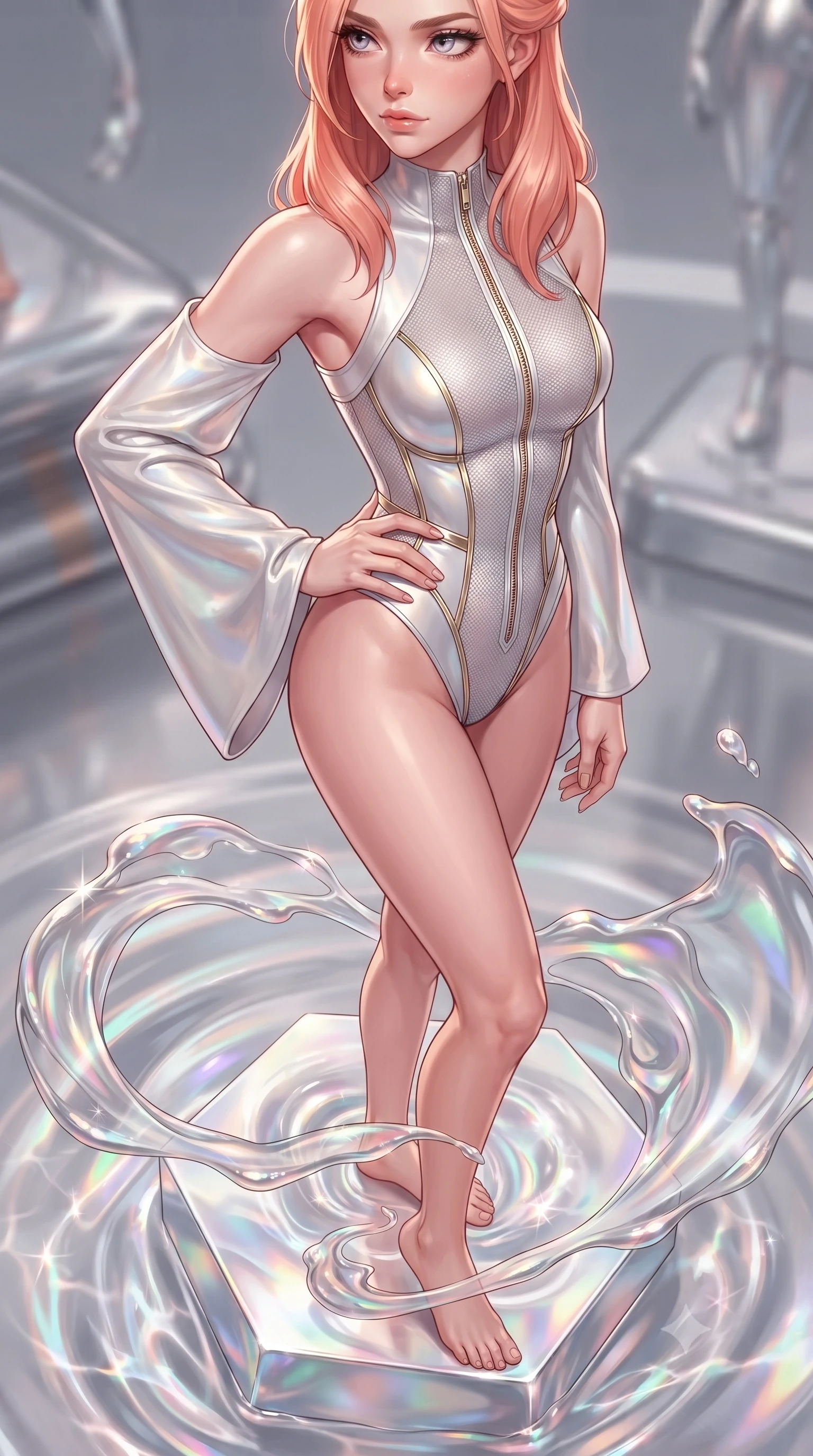 score_9, masterpiece, best quality, ultra-detailed, high-budget anime keyframe, editorial fashion photography, tasteful artistic composition, Japanese woman. close-up cowboy shot from the waist and thighs up, the character dominates the composition, filling the frame with her large presence, background elements kept in soft focus. Holding a confident power pose with one hand on her hip, poised on an opal pedestal as ripples of liquid pearl flow around her feet, ultra-reflective liquid mercury ripples casting shimmering light patterns. She has an exceptionally elegant, slender, and willowy female figure with an ultra-slim waist, a gracefully sculpted slender torso, and a refined silhouette. sharp v-shaped jawline, high-bridge nose, intricate jewel-like eyes with depth, thick eyelashes, glossy lips with a natural sheen. wearing asymmetric high-cut cyber-bodysuit with detached sleeves in pearl white in glowing ivory, made of fine silver contouring mesh, finished with metallic gold boning and sleek zipper points, contouring every curve with an exceptionally elegant silhouette. surrounded by a shimmering liquid silver sheen with sharp rim highlights. highly saturated vibrant anime colors, detailed shading with soft gradients, rich glossy textures, high-contrast stereoscopic depth, volumetric dynamic lighting, master piece, 9:16 ratio