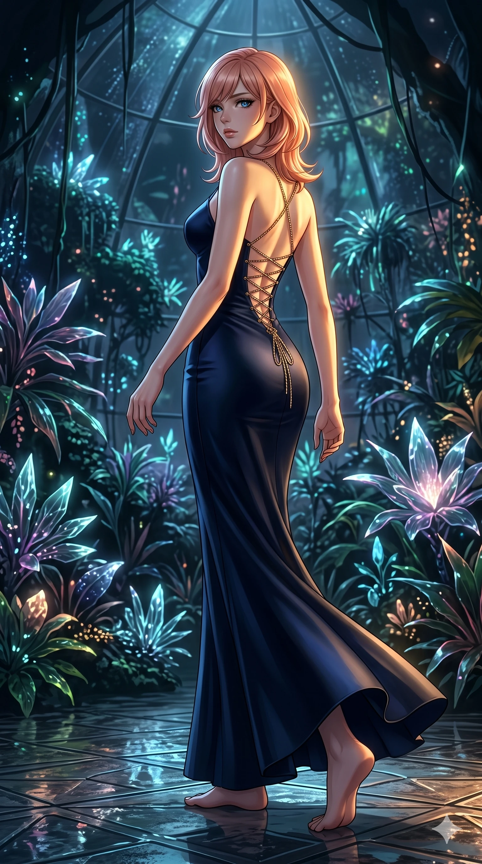 score_9, masterpiece, best quality, ultra-detailed, high-budget anime keyframe, editorial fashion photography, tasteful artistic composition, Japanese woman. low angle full-body shot from head to toe showing her feet, filling the entire 9:16 vertical frame with her statuesque presence, stretching her vertical silhouette. Executing a dynamic turning step with one leg extended behind within a prismatic rain-forest dome where bioluminescent plants pulse softly in the dark. She has an absolutely perfect 8-heads proportion, an exceptionally tall and slender female figure with impossibly long slender legs and an ultra-slim waist. V-shaped jawline, high-bridge nose, intricate jewel-like eyes with depth, thick eyelashes, glossy lips with a natural sheen. wearing a midnight navy satin floor-length gown with a structured front and an elaborate crisscross open-back corset lacing in gold chain, descending in a V to the lower back. lit by dramatic chiaroscuro with a single golden key light carving her facial contours and figure. 2k, ultra detail, master piece, 9:16 ratio