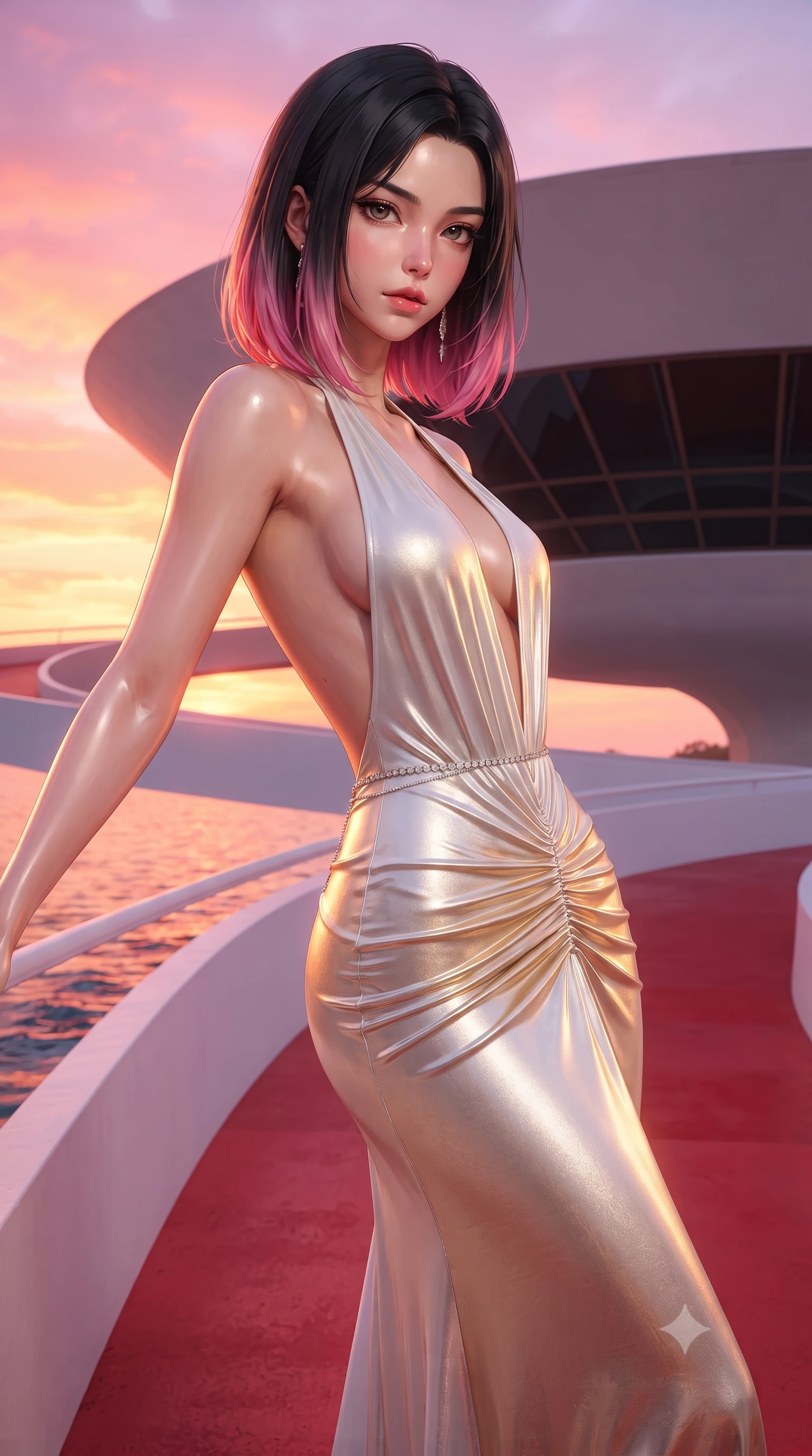 score_9, masterpiece, best quality, ultra-detailed, high-budget anime keyframe, editorial fashion photography, tasteful artistic composition, Korean woman. close-up cowboy shot from the waist and thighs up, the character dominates the composition, filling the frame with her large presence. leaning back with relaxed seductive grace, her sculpted collarbones and narrow waist highlighted as she casts smoldering bedroom-eyes directly into the camera while standing poised at the apex of the futuristic flying saucer museum terrace, twisting her slender torso in an alluring S-curve in the tropical twilight. The surrounding environment is rendered in vivid detail and crisp panoramic clarity. sharp crimson painted concrete ramp texture, smooth white museum shell curves, and ocean water ripples in deep focus. She has an exceptionally elegant, slender, and willowy female figure with an ultra-slim waist, flat toned midriff, narrow ribcage, and sculpted feminine hips creating an alluring, slim hourglass silhouette without bulk. sharp v-shaped jawline, high-bridge nose, intricate jewel-like eyes with depth, thick eyelashes, glossy parted lips with a natural sheen, intensely captivating and seductive bedroom-eyes expression, flawlessly proportioned anatomical accuracy, strict slender model proportions, natural body alignment, perfectly sculpted long slender limbs, ultra-slim waistline, clean dynamic posture without body distortion. wearing a plunging halter-neck metallic lamé column dress with a dramatic bare spine and hip-defining ruching in pure alabaster white and sun-kissed gold, crafted from luxurious metallic lamé that shifts radiance with every step, accented with a dainty diamond waist chain catching the ambient light reflections, the dramatically scooped open back descending to the base of her spine, accentuating her razor-sharp statuesque lines and slim hourglass silhouette. bathed in vibrant tropical sunset glow in vivid shades of tangerine and magenta. ultra-reflective glossy finish, specular highlights, rich textural contrasts, high-contrast stereoscopic depth, volumetric dynamic lighting, 2k, ultra detail, master piece, 9:16 ratio
