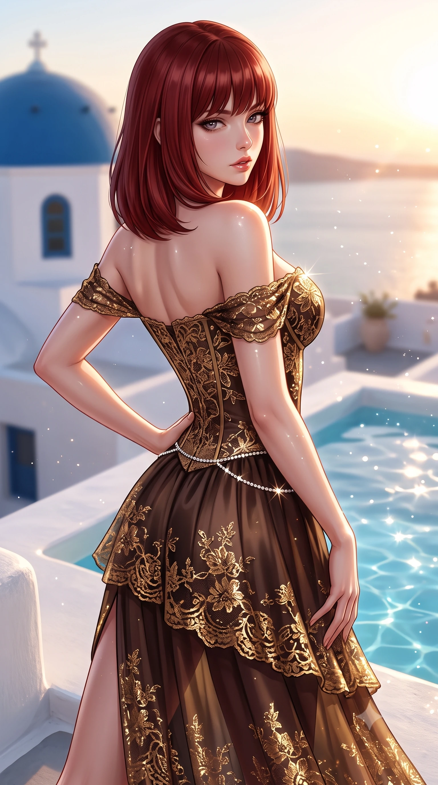 score_9, masterpiece, best quality, ultra-detailed, high-budget anime keyframe, semi-realistic 3D game render, editorial fashion photography, tasteful artistic composition, Caucasian woman. close-up cowboy shot from the waist and thighs up, the character dominates the composition, filling the frame with her large presence. posing in an alluring rear three-quarter angle, arching her lower back in a pronounced S-curve with one hand on her hip, glancing seductively over her bare shoulder with parted glossy lips while standing poised on a whitewashed rooftop terrace beside a blue dome, twisting her upper body in an alluring S-curve in the evening breeze. The composition keeps background elements in soft focus with creamy bokeh. sparkling plunge pool water caustics and sunset dust motes scattering radiant warm sparkles. She has an exceptionally elegant, slender, and willowy female figure with an ultra-slim waist, flat toned midriff, narrow ribcage, and sculpted feminine hips creating an alluring, slim hourglass silhouette without bulk. sharp v-shaped jawline, high-bridge nose, intricate jewel-like eyes with depth, thick eyelashes, glossy parted lips with a natural sheen, intensely captivating and seductive bedroom-eyes expression, flawlessly proportioned anatomical accuracy, strict slender model proportions, natural body alignment, perfectly sculpted long slender limbs, ultra-slim waistline, clean dynamic posture without body distortion. wearing an off-shoulder French court corset bodice dress paired with a tiered translucent chiffon slit skirt in dark espresso brown and molten gold foil, formed from shimmering floral lace over smooth opaque silk lining, accented with a dainty diamond waist chain catching the ambient light reflections, the second-skin form-contouring cut accentuating her sculpted flat midriff, narrow delicate ribcage, and gracefully curvy hips with supermodel precision. illuminated by glowing specular sun glints defining her sculpted collarbones, narrow waist, and rounded hips. highly saturated vibrant anime colors, detailed shading with soft gradients, rich glossy textures, high-contrast stereoscopic depth, volumetric dynamic lighting, master piece, 9:16 ratio