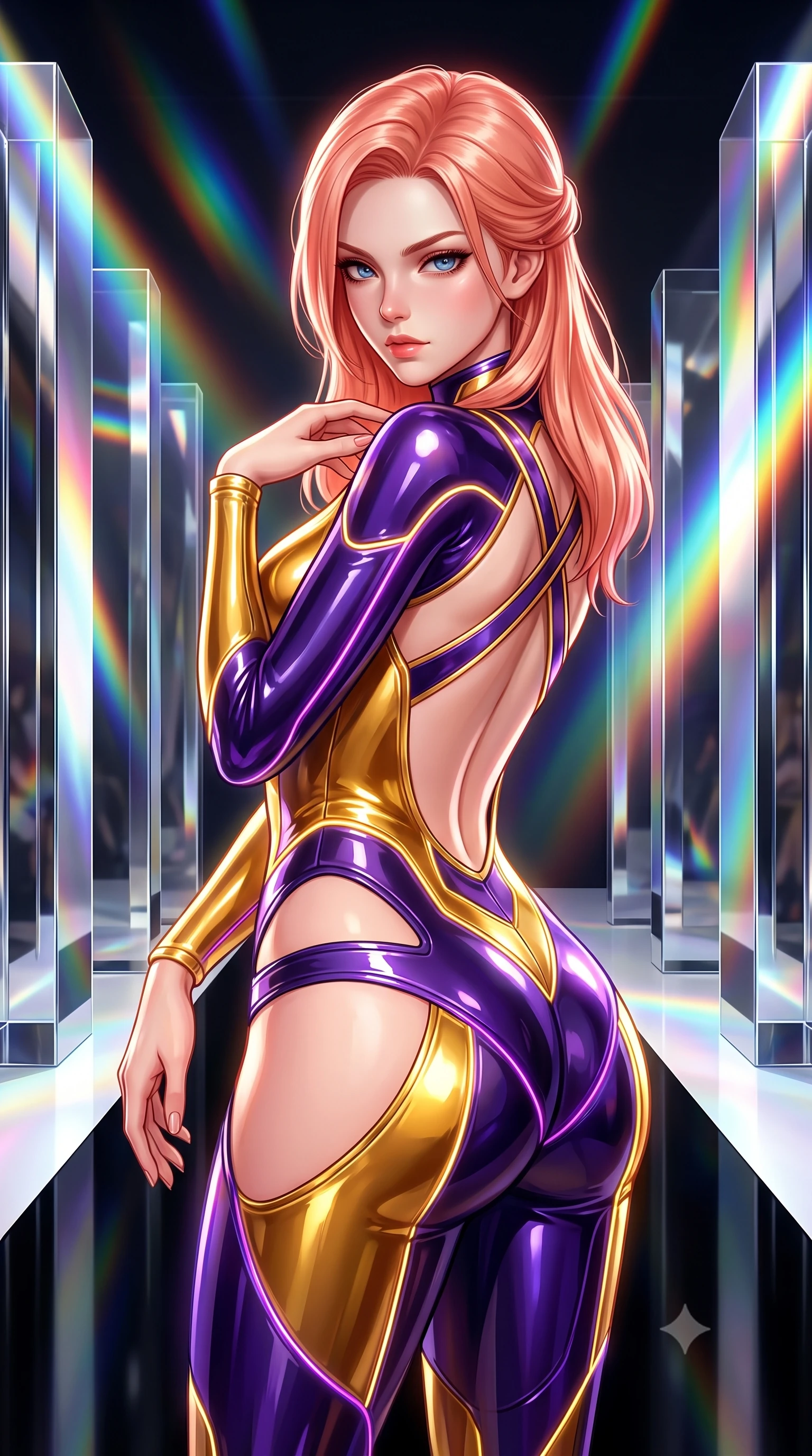 score_9, masterpiece, best quality, ultra-detailed, high-budget anime keyframe, semi-realistic 3D game render, editorial fashion photography, tasteful artistic composition, Japanese woman. close-up cowboy shot from the waist and thighs up, the character dominates the composition, filling the frame with her large presence. leaning forward with a dangerous, enticing smolder, resting one hand near her collarbone while casting a fiery, magnetic direct gaze while pivoting dynamically on a black mirror runway flanked by towering reflective chrome prisms. The surrounding environment is rendered in vivid detail and crisp panoramic clarity. high-contrast luxury editorial fashion runway architecture rendered with environmental sharpness. She has an exceptionally elegant, slender, and willowy female figure with an ultra-slim waist, a gracefully sculpted slender torso, and a refined silhouette. sharp v-shaped jawline, high-bridge nose, intricate jewel-like eyes with depth, thick eyelashes, glossy lips with a natural sheen, flawlessly proportioned anatomical accuracy, natural body alignment, perfectly sculpted elegant limbs, clean dynamic posture without body distortion. wearing a skin-tight cybernetic bodysuit with glowing neon seams, deep hip cutouts, and an aerodynamic athletic fit in lustrous molten gold and pure deep violet, formed from high-gloss patent material with specular light reflections, complemented by criss-cross back straps highlighting her completely bare spine, the daring cutouts accentuating her delicate midriff, graceful collarbones, and feminine contour. bathed in multi-colored rainbow prism spotlights and intense specular chrome highlights. highly saturated vibrant anime colors, detailed shading with soft gradients, rich glossy textures, high-contrast stereoscopic depth, volumetric dynamic lighting, master piece, 9:16 ratio