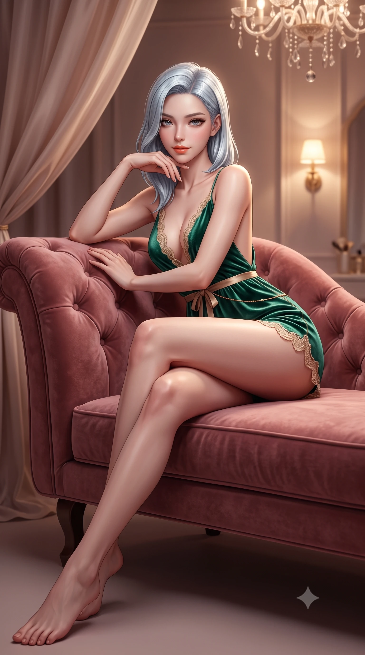 score_9, masterpiece, best quality, ultra-detailed, high-budget anime keyframe, semi-realistic 3D game render, editorial fashion photography, tasteful artistic composition, Korean woman. low angle full-body shot from head to toe showing her feet, filling the entire 9:16 vertical frame with her statuesque presence, stretching her vertical silhouette. lounging on the lavish daybed with legs crossed and hips angled toward the camera, displaying her toned midriff and long slender limbs with effortless siren poise while leaning back against the tufted dusty-rose velvet chaise with hips cocked back, looking directly into the camera with an irresistible bedroom-gaze. The background shows a soft-focus silk canopy drapes softened in haute private boudoir shallow focus. She has an absolutely perfect, statuesque 8.5-heads proportion, an exceptionally tall and slender model-like female figure with impossibly long slender legs, an ultra-slim waist, a flat toned midriff, narrow delicate ribcage, and beautifully sculpted feminine hips creating a graceful, slim hourglass silhouette without any bulky heaviness. sharp v-shaped jawline, high-bridge nose, sparkling eyes with hypnotic seductive depth, thick curled eyelashes, glossy parted lips with a natural dewy peach sheen, alluring bedroom-eyes with an enchanting coquettish smile, exuding magnetic siren charisma and sophisticated glamour, flawlessly proportioned anatomical accuracy, strict slender model proportions, natural body alignment, perfectly sculpted long slender limbs, ultra-slim waistline, clean dynamic posture without body distortion. wearing a plunge-neck stretch velvet romper with scalloped eyelash-lace hems and a cinched waist ribbon in Monaco casino emerald and royal champagne, tailored from ultra-plush velvet with rich tactile depth and deep shadow gradients, accented with a dainty gold belly chain resting across her flat midriff and curving hips, the precision-cut side openings and low-back scoop framing her graceful spine and the sensual sweep of her slim, toned hips. bathed in intimate warm 2700K vanity sconce lighting combined with overhead chandelier sparkle creating multi-angle highlights. highly saturated vibrant anime colors, detailed shading with soft gradients, rich glossy textures, high-contrast stereoscopic depth, volumetric dynamic lighting, master piece, 9:16 ratio
