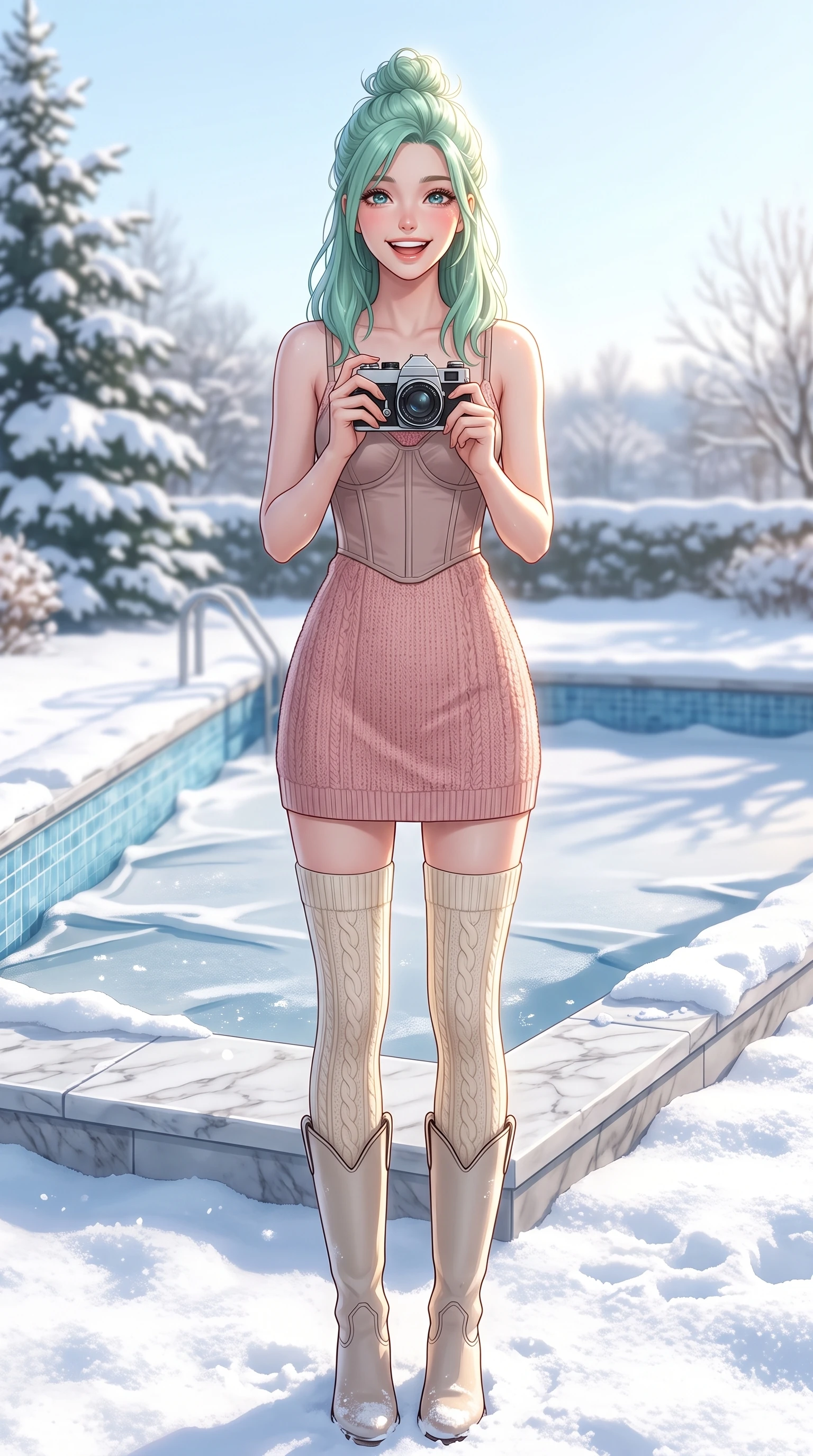 score_9, masterpiece, best quality, ultra-detailed, high-budget anime keyframe, vibrant anime aesthetic, Japanese woman. cowboy shot from the thighs up, character and outfit filling the frame for maximum presence. She is holding a camera with a bright winter grin, looking up with a joyful expression in snow on a marble pool ledge in the winter morning (Code-P21-185). She has an absolutely perfect 8-heads proportion, an exceptionally tall and slender female figure with impossibly long slender legs and an ultra-slim waist. V-shaped jawline, high-bridge nose, intricate jewel-like eyes with depth, thick eyelashes, glossy lips with a natural sheen. wearing a semi-opaque structured bodice over a pink textured knit slip dress in winter. She is drenched in radiant midday winter sunshine that creates a glowing halo around her features. 2k, ultra detail, master piece, 9:16 ratio