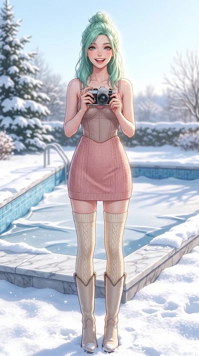 score_9, masterpiece, best quality, ultra-detailed, high-budget anime keyframe, vibrant anime aesthetic, Japanese woman. cowboy shot from the thighs up, character and outfit filling the frame for maximum presence. She is holding a camera with a brigh