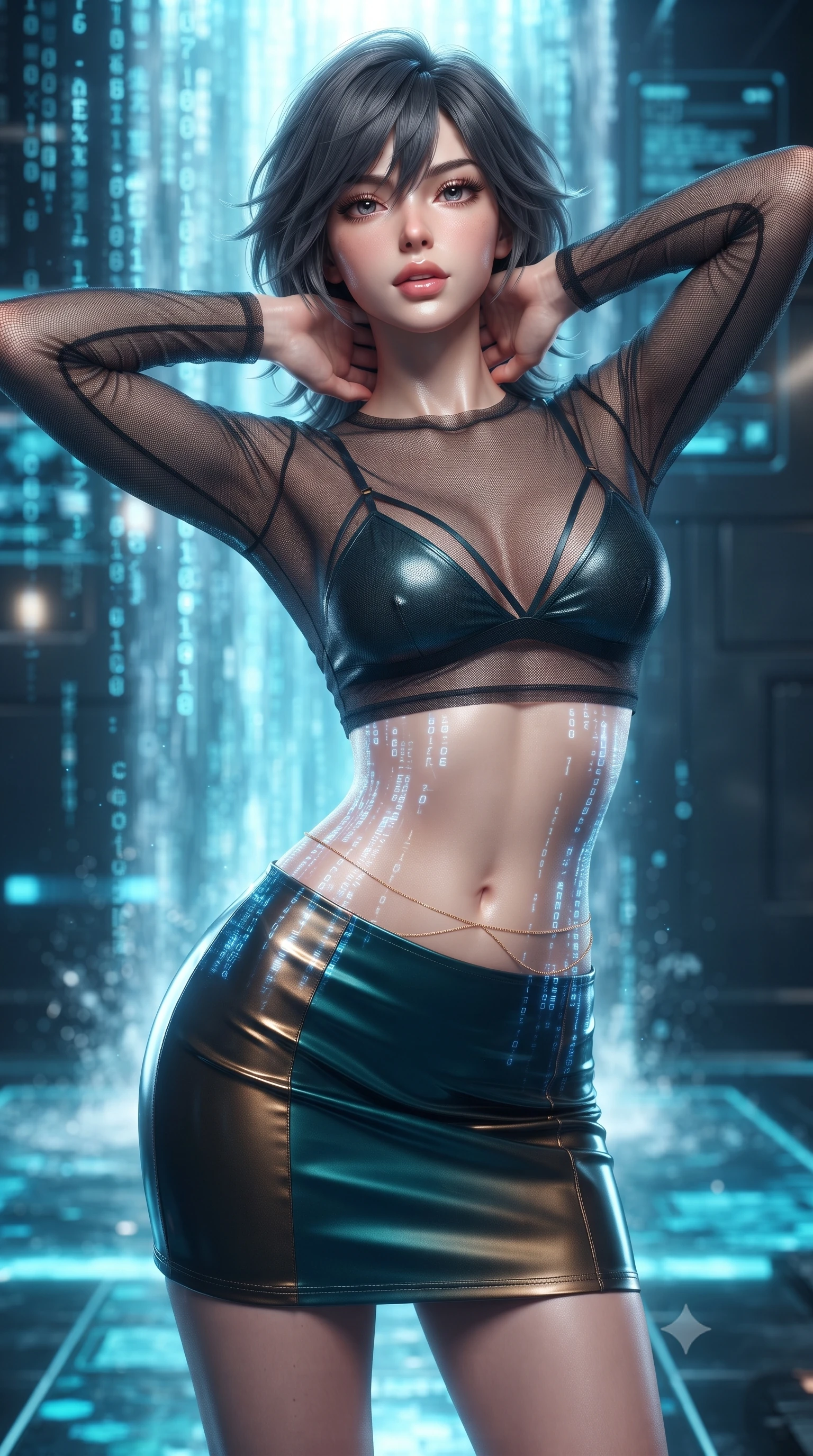 score_9, masterpiece, best quality, ultra-detailed, high-budget anime keyframe, editorial fashion photography, tasteful artistic composition, Caucasian woman. close-up cowboy shot from the waist and thighs up, the character dominates the composition, filling the frame with her large presence. resting both hands lightly behind her neck with elbows raised, arching her spine to highlight her narrow waist, flat midriff, and breathtaking collarbones while twisting her slender torso in an alluring S-curve, cascading blue holographic water data streams tracing her flat midriff, waist, and hips. The background shows a soft-focus cascading digital waterfall code streams, dark titanium wall panels, and glowing aquatic floor tiles blurred into electric blue, cyan, and charcoal bokeh. She has an exceptionally elegant, slender, and willowy female figure with an ultra-slim waist, flat toned midriff, narrow ribcage, and sculpted feminine hips creating an alluring, slim hourglass silhouette without bulk. sharp v-shaped jawline, high-bridge nose, sparkling eyes with hypnotic seductive depth, thick curled eyelashes, glossy parted lips with a natural dewy peach sheen, alluring bedroom-eyes with an enchanting coquettish smile, exuding magnetic siren charisma and sophisticated glamour, flawlessly proportioned anatomical accuracy, strict slender model proportions, natural body alignment, perfectly sculpted long slender limbs, ultra-slim waistline, clean dynamic posture without body distortion. wearing a sheer mesh long-sleeve crop top over an opaque strappy micro-bralette and a sleek leatherette mini skirt in deep peacock teal and burnished antique brass, crafted from wet-look high-gloss vinyl fabric with dazzling specular surface reflections, accented with a dainty gold belly chain resting across her flat midriff and curving hips, the form-contouring silhouette accentuating her sculpted flat midriff, narrow delicate ribcage, and gracefully curvy hips with intoxicating allure. bathed in brilliant cascading cyan and white light radiating from the monumental holographic waterfall. ultra-reflective glossy finish, specular highlights, rich textural contrasts, high-contrast stereoscopic depth, volumetric dynamic lighting, 2k, ultra detail, master piece, 9:16 ratio