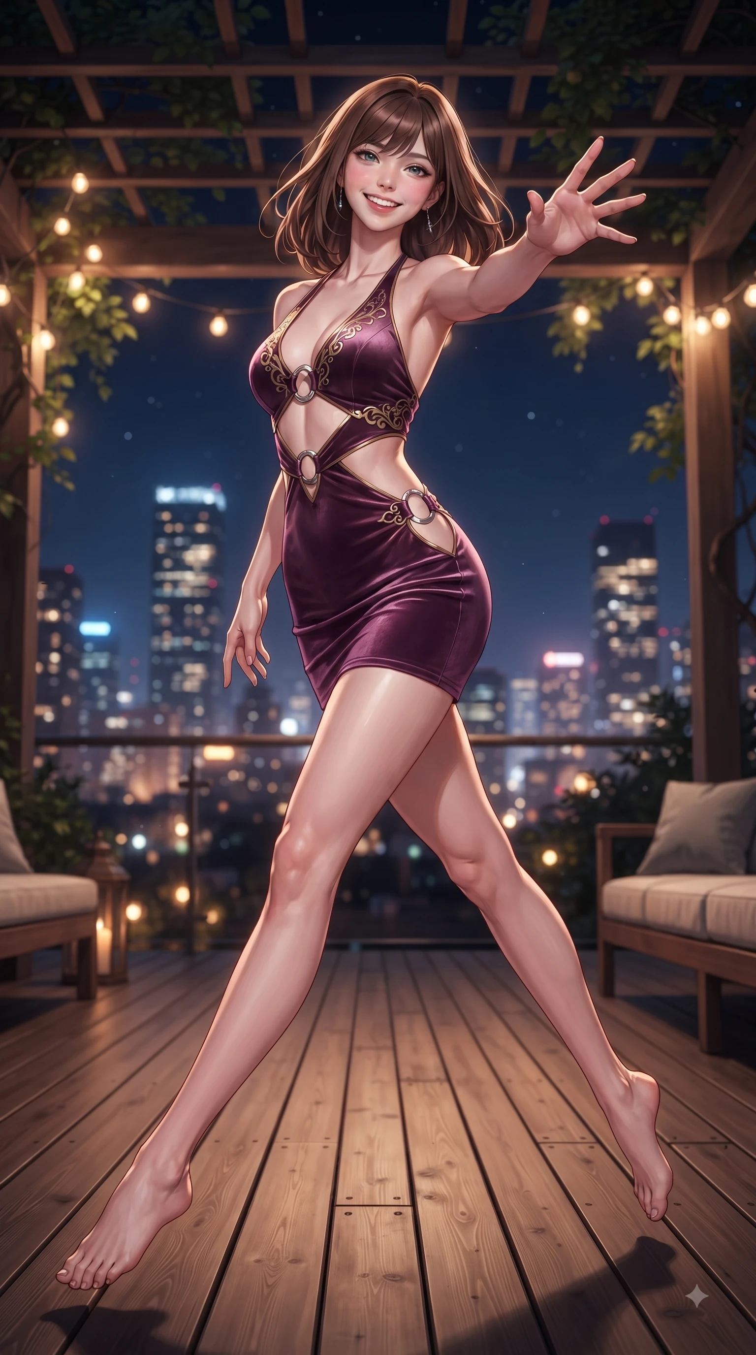 score_9, masterpiece, best quality, ultra-detailed, high-budget anime keyframe, editorial fashion photography, tasteful artistic composition, Korean woman. low angle full-body shot from head to toe showing her feet, filling the entire 9:16 vertical frame with her statuesque presence, stretching her vertical silhouette. leaping with pure joy through mid-air with a radiant bright smile, her impossibly long slender legs stretched in perfect balance while reaching her hand toward the camera while dancing on a wooden glamping terrace, glistening city lights and warm string fairy lamps creating rich ambient bokeh. She has an absolutely perfect, statuesque 8.5-heads proportion, an exceptionally tall and slender model-like female figure with impossibly long slender legs and an ultra-slim waist. sharp v-shaped jawline, high-bridge nose, intricate jewel-like eyes with depth, thick eyelashes, glossy lips with a natural sheen, flawlessly proportioned anatomical accuracy, natural body alignment, perfectly sculpted elegant limbs, clean dynamic posture without body distortion. wearing a deep-scoop halter bodycon dress with hip cutouts connected by silver rings in plum purple and gold filigree, made of premium stretch velvet with a rich sheen, featuring subtle geometric cutouts that highlight her ultra-slim midriff, the elegant draped fit framing her graceful clavicle and slender torso. illuminated by cheerful city skyline backlighting and vibrant rim lights. ultra-reflective glossy finish, specular highlights, metallic sheen, high-contrast stereoscopic depth, volumetric dynamic lighting, 2k, ultra detail, master piece, 9:16 ratio