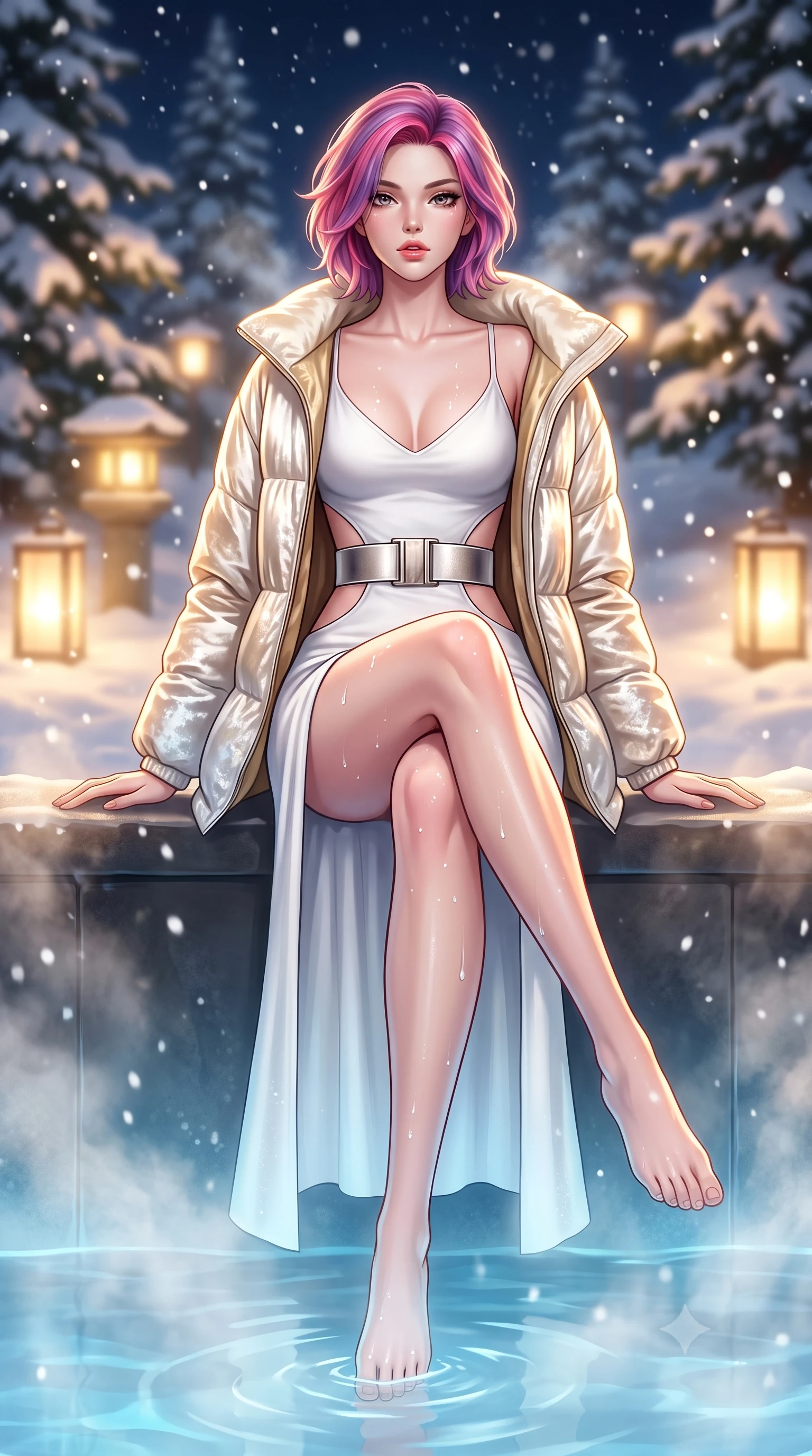 score_9, masterpiece, best quality, ultra-detailed, high-budget anime keyframe, semi-realistic 3D game render, editorial fashion photography, tasteful artistic composition, Caucasian woman. low angle full-body shot from head to toe showing her feet, filling the entire 9:16 vertical frame with her statuesque presence, stretching her vertical silhouette. sitting poised on the elevated edge with legs crossed and extended, her tall 8.5-heads proportions dominating the scene with effortless poise while wading through the steaming thermal mineral pool, arching her spine in pure pleasure as snowflakes melt on her glowing skin. The composition keeps background elements in soft focus with creamy bokeh. snow-covered cedar pines and glowing outdoor lanterns softened in dreamy shallow focus. She has an absolutely perfect, statuesque 8.5-heads proportion, an exceptionally tall and slender model-like female figure with impossibly long slender legs, a toned flat midriff, and an ultra-slim waist. sharp v-shaped jawline, high-bridge nose, intricate jewel-like eyes with depth, thick eyelashes, glossy parted lips with a natural sheen, intensely captivating and seductive expression, flawlessly proportioned anatomical accuracy, strict slender model proportions, natural body alignment, perfectly sculpted long slender limbs, ultra-slim waistline, clean dynamic posture without body distortion. wearing a luxurious snow-white cashmere slip gown layered under an unbuttoned oversized down jacket in arctic champagne cream and soft gold, crafted from crushed silk velvet with liquid frost-like luster, accented with a wide metallic ski belt cinching her ultra-slim waistline, the precision-cut daring openings accentuating her delicate midriff, graceful bare collarbones, and ultra-slim feminine waistline. bathed in soft underwater pool illumination and warm golden stone lantern downlights. highly saturated vibrant anime colors, detailed shading with soft gradients, rich glossy textures, high-contrast stereoscopic depth, volumetric dynamic lighting, master piece, 9:16 ratio