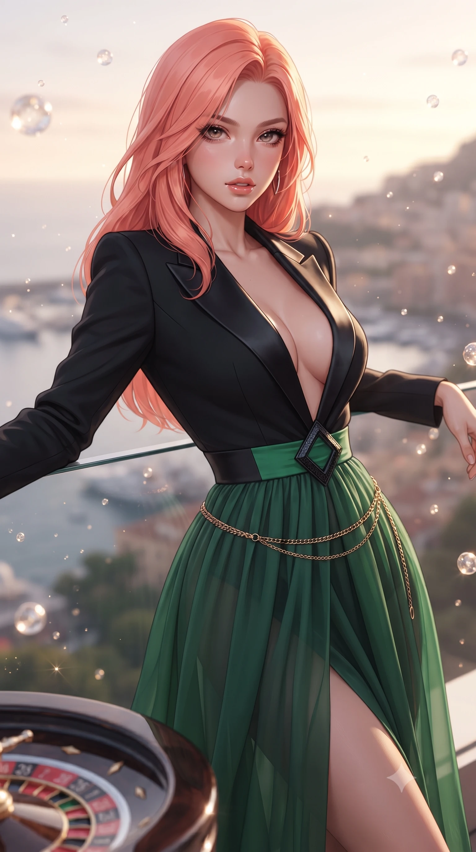 score_9, masterpiece, best quality, ultra-detailed, high-budget anime keyframe, editorial fashion photography, tasteful artistic composition, Japanese woman. close-up cowboy shot from the waist and thighs up, the character dominates the composition, filling the frame with her large presence. leaning back with relaxed seductive grace, her sculpted collarbones and narrow waist highlighted as she casts smoldering bedroom-eyes directly into the camera while leaning against the glass penthouse terrace balustrade overlooking Monaco harbor, hips cocked back in a seductive high-fashion stance. The composition keeps background elements in soft focus with creamy bokeh. crystal champagne bubbles and roulette wheel chrome reflections scattering sparkling light motes. She has an exceptionally elegant, slender, and willowy female figure with an ultra-slim waist, a gracefully sculpted slender torso, toned flat midriff, and rounded feminine hips creating an alluring hourglass silhouette. sharp v-shaped jawline, high-bridge nose, intricate jewel-like eyes with depth, thick eyelashes, glossy parted lips with a natural sheen, intensely captivating and seductive bedroom-eyes expression, flawlessly proportioned anatomical accuracy, strict slender model proportions, natural body alignment, perfectly sculpted long slender limbs, ultra-slim waistline, clean dynamic posture without body distortion. wearing a tailored tuxedo jacket dress with satin lapels, worn with a deep plunge neckline and diamond hip buckle in high-contrast black and crisp casino green, woven from layered gossamer chiffon with a weightless sweeping drape, accented with a delicate gold chain belt resting loosely on her curvy hips, the precision-cut side openings and low-back scoop framing her graceful spine and the sensual sweep of her hips. surrounded by an elite, intoxicating, and irresistibly glamorous Monte Carlo heiress aura. ultra-reflective glossy finish, specular highlights, rich textural contrasts, high-contrast stereoscopic depth, volumetric dynamic lighting, 2k, ultra detail, master piece, 9:16 ratio
