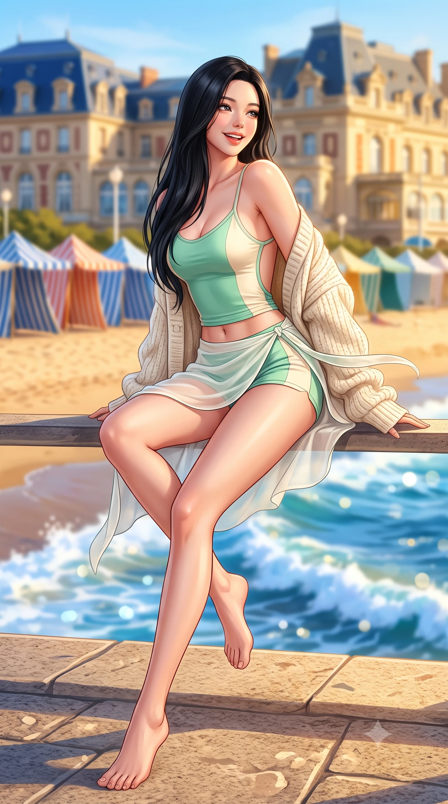 score_9, masterpiece, best quality, ultra-detailed, high-budget anime keyframe, semi-realistic 3D game render, editorial fashion photography, tasteful artistic composition, Korean woman. low angle full-body shot from head to toe showing her feet, filling the entire 9:16 vertical frame with her statuesque presence, stretching her vertical silhouette. sitting perched on the elevated edge with legs crossed and hips angled toward the camera, displaying her toned midriff and long slender limbs with a joyful, coquettish smile while turning in an alluring S-curve as ocean trade winds whip her silk wrap skirt, gazing toward the historic casino palace with parted glossy lips. The composition keeps background elements in soft focus with dreamy creamy bokeh. crashing blue Atlantic breakers, colorful striped beach tents, and Belle Époque casino facades blurred into royal blue, gold, and seafoam bokeh. She has an exceptionally tall and slender model-like 8.5-heads proportion, an ultra-slim waist, a flat toned midriff, narrow delicate ribcage, and beautifully sculpted feminine hips creating a graceful, slim hourglass silhouette without any bulky heaviness, with impossibly long slender legs. sharp v-shaped jawline, high-bridge nose, intricate jewel-like sparkling eyes with depth, thick eyelashes, glossy parted lips with a natural peach sheen, bright cheerful beaming smile with an enchanting and coquettish sensual glint, exuding both youthful cute charm and seductive allure, flawlessly proportioned anatomical accuracy, strict slender model proportions, natural body alignment, perfectly sculpted long slender limbs, ultra-slim waistline, clean dynamic posture without body distortion. wearing a second-skin stretch cotton camisole romper with high-cut leg openings and an open back in refreshing mint green and soft vanilla cream, crafted from liquid-tight stretch jersey emphasizing every curve, complemented by an oversized soft knit cardigan slipping off one bare shoulder, the precision-cut side openings and low-back scoop framing her graceful spine and the sensual sweep of her slim, toned hips. bathed in brilliant golden hour Atlantic sunlight and intense golden sand bounce fill. highly saturated vibrant anime colors, detailed shading with soft gradients, rich glossy textures, high-contrast stereoscopic depth, volumetric dynamic lighting, master piece, 9:16 ratio
