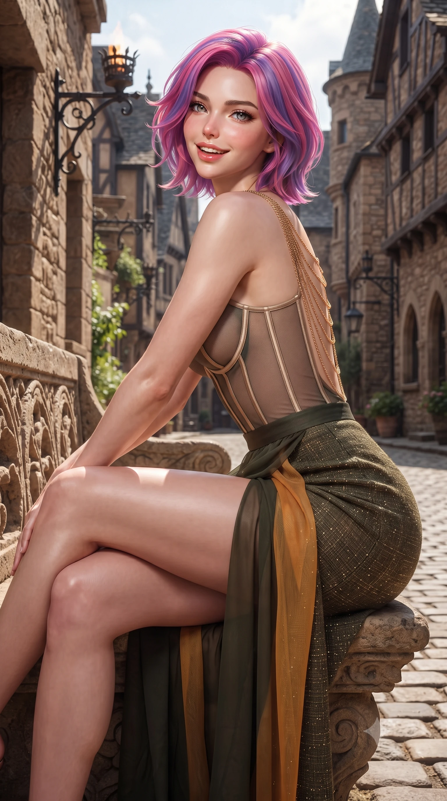 score_9, masterpiece, best quality, ultra-detailed, high-budget anime keyframe, editorial fashion photography, tasteful artistic composition, Caucasian woman. close-up cowboy shot from the waist and thighs up, the character dominates the composition, filling the frame with her large presence. leaning forward while arching her lower back to accentuate her curvy hips, looking into the camera with an intoxicating smoldering gaze and bedroom-eyes while sitting gracefully on the carved stone bench with legs crossed, flashing a radiant, playful smile with parted glossy lips. The surrounding environment is rendered in vivid detail and crisp panoramic clarity: sharp weathered medieval sandstone masonry, hand-forged wrought-iron torch bracket scrollwork, and cobblestone roadway textures in deep focus. She has an exceptionally elegant, slender, and willowy female figure with an ultra-slim waist, flat toned midriff, narrow ribcage, and sculpted feminine hips creating an alluring, slim hourglass silhouette without bulk. sharp v-shaped jawline, high-bridge nose, intricate jewel-like sparkling eyes with depth, thick eyelashes, glossy parted lips with a natural peach sheen, bright cheerful beaming smile with an enchanting and coquettish sensual glint, exuding both youthful cute charm and seductive allure, flawlessly proportioned anatomical accuracy, strict slender model proportions, natural body alignment, perfectly sculpted long slender limbs, ultra-slim waistline, clean dynamic posture without body distortion. wearing a provocative translucent mesh corset bodice with boned satin channels paired with a sheer chiffon wrap maxi skirt in Tuscan cypress dark olive and sunset amber gold, woven from structured British tweed with subtle metallic flecks, accented with an open-back drape framed by falling strands of delicate gold chains, the bespoke structured tailoring following the natural line of her 8.5-heads silhouette with refined elegance. illuminated by stone wall bounce fill and sharp copper-gold rim lights defining her dewy collarbones, ultra-slim waist, and curvy hips. ultra-reflective glossy finish, specular highlights, rich textural contrasts, high-contrast stereoscopic depth, volumetric dynamic lighting, 2k, ultra detail, master piece, 9:16 ratio
