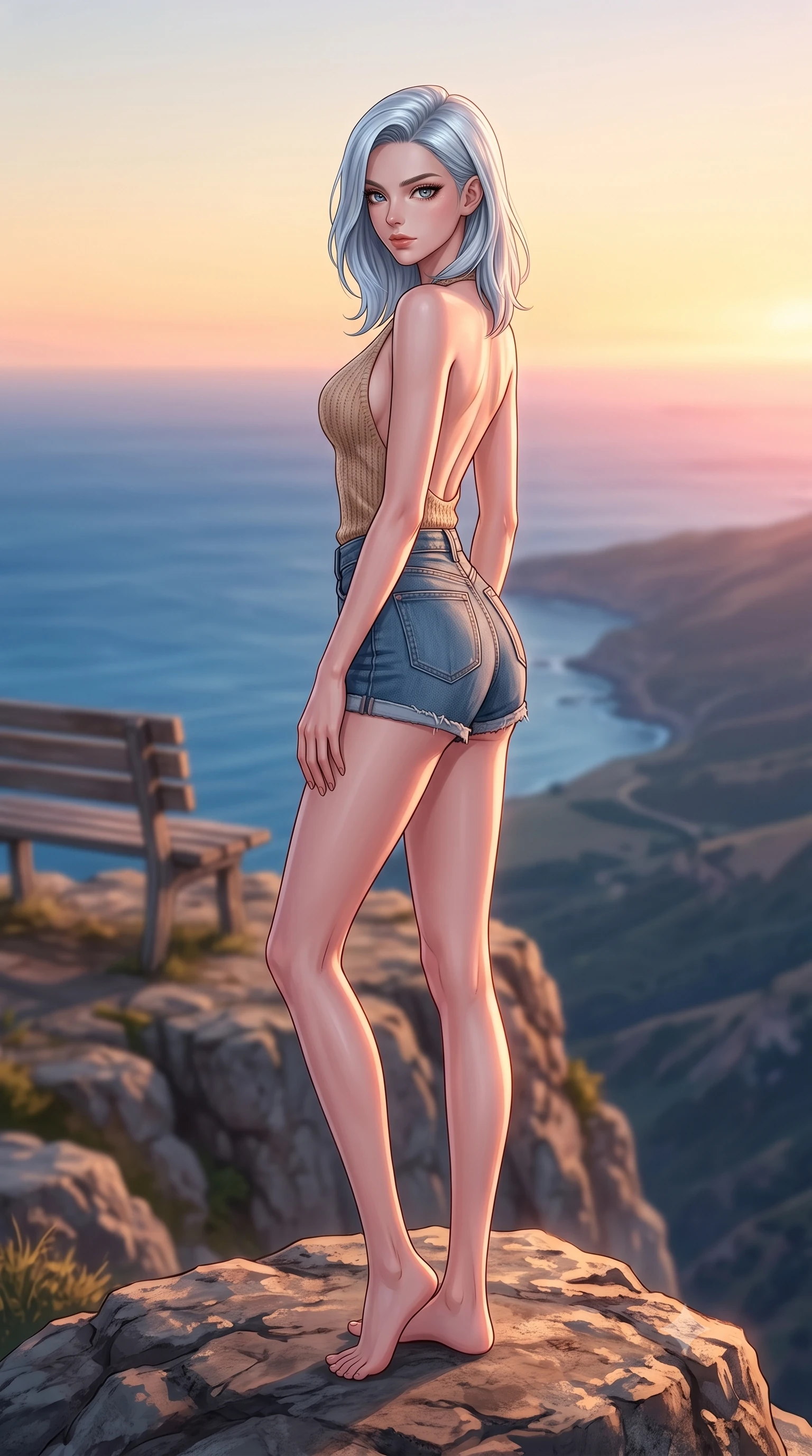 score_9, masterpiece, best quality, ultra-detailed, high-budget anime keyframe, editorial fashion photography, tasteful artistic composition, Korean woman woman. low angle full-body shot from head to toe showing her feet, filling the entire 9:16 vertical frame with her statuesque presence, stretching her vertical silhouette. standing proud on a scenic cliff overlooking the valley, her silhouette framed by the golden sky the background shows a soft-focus a weathered wooden bench perched on a cliff edge overlooking a wide blue ocean. She has an absolutely perfect, statuesque 8.5-heads proportion, an exceptionally tall and slender model-like female figure with impossibly long slender legs and an ultra-slim waist. sharp v-shaped jawline, high-bridge nose, intricate jewel-like eyes with depth, thick eyelashes, glossy lips with a natural sheen. wearing a body-hugging backless knit top in beige wool, paired with high-waisted denim shorts. soft pink and amber sunset glow reflecting on her face and outfit. 2k, ultra detail, master piece, 9:16 ratio