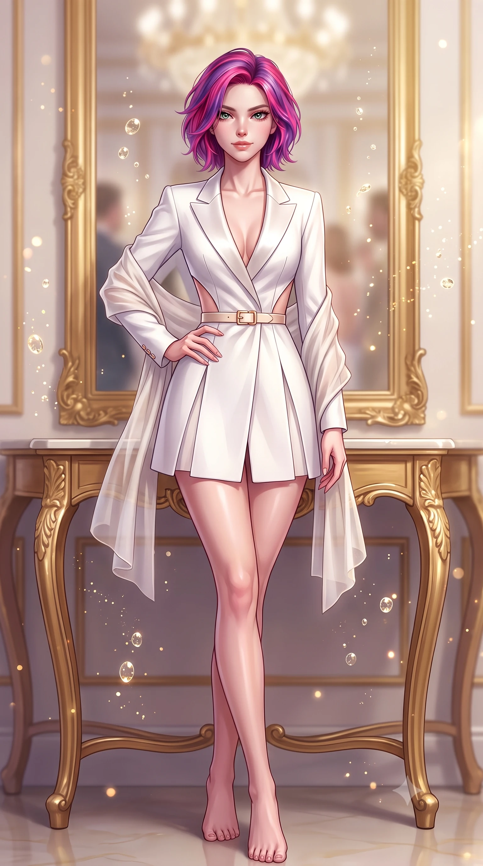 score_9, masterpiece, best quality, ultra-detailed, high-budget anime keyframe, semi-realistic 3D game render, editorial fashion photography, tasteful artistic composition, Caucasian woman. low angle full-body shot from head to toe showing her feet, filling the entire 9:16 vertical frame with her statuesque presence, stretching her vertical silhouette. standing poised with one hip cocked in an alluring high-fashion pose, her tall 8.5-heads proportions dominating the scene while resting against a gilded mirror console table with an aloof, captivating socialite smile. The composition keeps background elements in soft focus with creamy bokeh. sparkling champagne bubbles and gold glitter dust scattering soft luminous light motes. She has an absolutely perfect, statuesque 8.5-heads proportion, an exceptionally tall and slender model-like female figure with impossibly long slender legs, a toned flat midriff, and an ultra-slim waist. sharp v-shaped jawline, high-bridge nose, intricate jewel-like eyes with depth, thick eyelashes, glossy lips with a natural sheen, captivating and magnetic expression, flawlessly proportioned anatomical accuracy, strict slender model proportions, natural body alignment, perfectly sculpted long slender limbs, ultra-slim waistline, clean dynamic posture without body distortion. wearing a tailored royal white tuxedo jacket dress with silk satin lapels and a slim gold-buckle belt in champagne ivory and delicate rose gold, woven from airy multi-layered silk chiffon with a weightless drape, finished with a gossamer silk shawl draped loosely over her elbows, the precision-cut daring openings accentuating her delicate midriff, graceful bare collarbones, and ultra-slim feminine waistline. surrounded by a glamorous, exclusive, and breathtakingly captivating billionaire heiress aura. highly saturated vibrant anime colors, detailed shading with soft gradients, rich glossy textures, high-contrast stereoscopic depth, volumetric dynamic lighting, master piece, 9:16 ratio