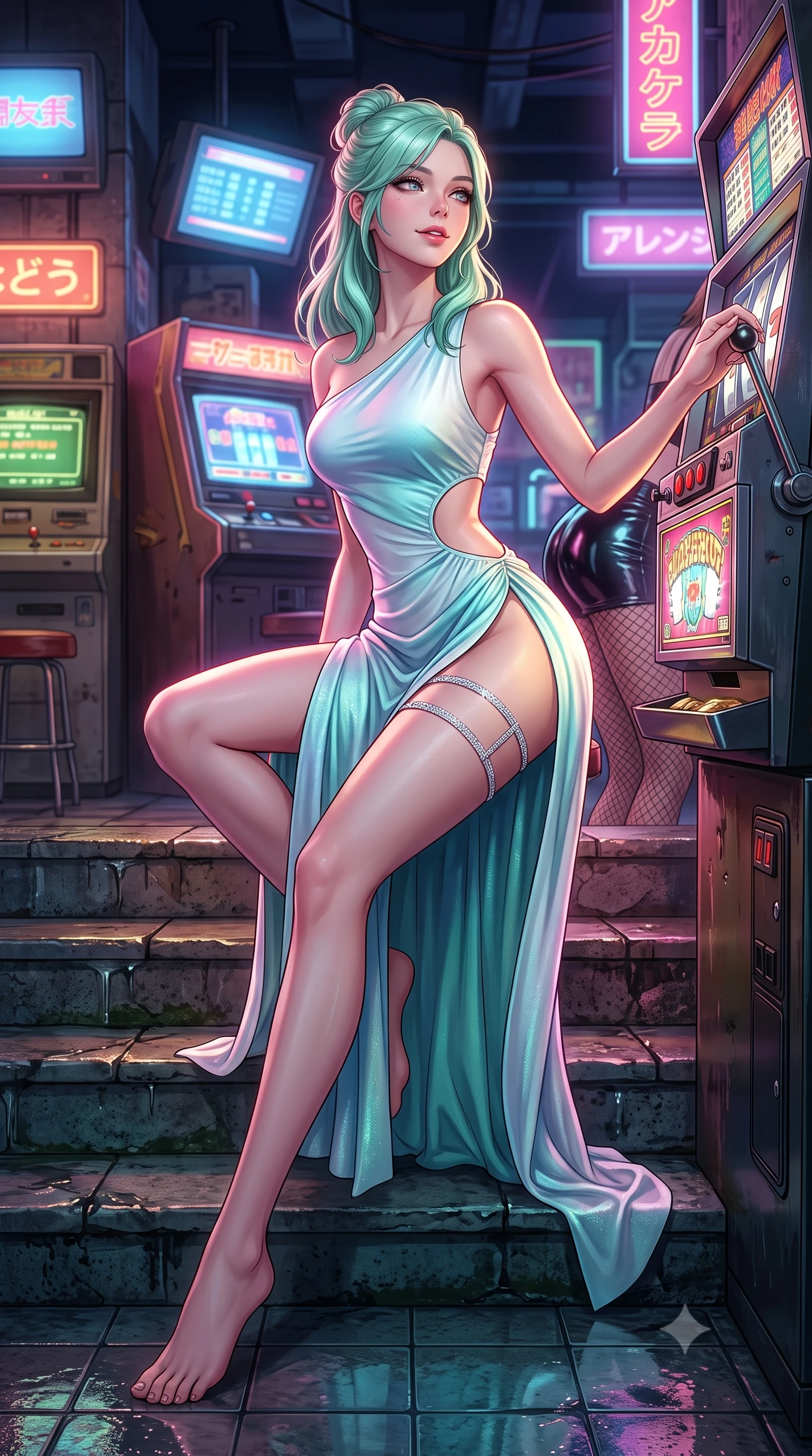 score_9, masterpiece, best quality, ultra-detailed, high-budget anime keyframe, semi-realistic 3D game render, editorial fashion photography, tasteful artistic composition, Japanese woman. low angle full-body shot from head to toe showing her feet, filling the entire 9:16 vertical frame with her statuesque presence, stretching her vertical silhouette. sitting poised on the stone steps with one knee bent, arching her spine with supermodel elegance as she glances upward through thick eyelashes while leaning against a glowing vertical slot machine screen with hips cocked back, pulling the chrome lever with seductive playful cool. The surrounding environment is rendered in vivid detail and crisp panoramic clarity: detailed wet-look vinyl hot-pants cling, fishnet stocking texture, and retro-futuristic arcade styling in razor-sharp precision. She has an absolutely perfect, statuesque 8.5-heads proportion, an exceptionally tall and slender model-like female figure with impossibly long slender legs, an ultra-slim waist, a flat toned midriff, narrow delicate ribcage, and beautifully sculpted feminine hips creating a graceful, slim hourglass silhouette without any bulky heaviness. sharp v-shaped jawline, high-bridge nose, sparkling eyes with hypnotic seductive depth, thick curled eyelashes, glossy parted lips with a natural dewy peach sheen, alluring bedroom-eyes with an enchanting coquettish smile, exuding magnetic siren charisma and sophisticated glamour, flawlessly proportioned anatomical accuracy, strict slender model proportions, natural body alignment, perfectly sculpted long slender limbs, ultra-slim waistline, clean dynamic posture without body distortion. wearing an asymmetric one-shoulder liquid jersey nymph dress with dramatic hip-high slit and waist cutout in celestial water-lily white and shimmering aquamarine, tailored from fine breathable linen with soft natural texture and elegant drape, finished with delicate crystal-encrusted thigh garter straps glinting under the lights, the form-contouring silhouette accentuating her sculpted flat midriff, narrow delicate ribcage, and gracefully curvy hips with intoxicating allure. illuminated by coin tray bounce and sharp magenta-gold rim lights sculpting her jawline, flat midriff, and voluptuous hip curves. highly saturated vibrant anime colors, detailed shading with soft gradients, rich glossy textures, high-contrast stereoscopic depth, volumetric dynamic lighting, master piece, 9:16 ratio