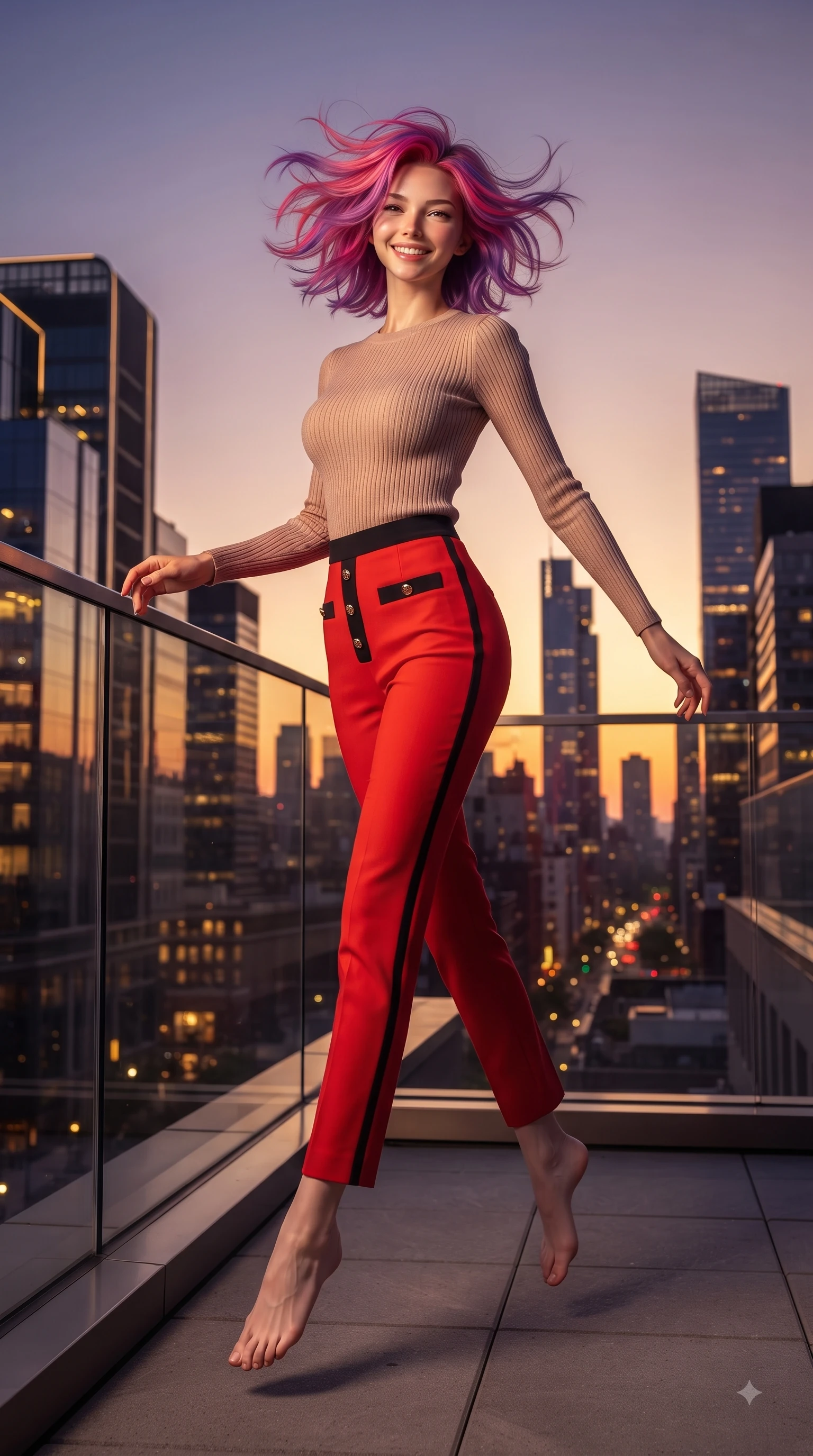 score_9, masterpiece, best quality, ultra-detailed, high-budget anime keyframe, editorial fashion photography, tasteful artistic composition, Caucasian woman. low angle full-body shot from head to toe showing her feet, filling the entire 9:16 vertical frame with her statuesque presence, stretching her vertical silhouette. leaping with pure youthful energy through the scene with a radiant bright smile, her long slender legs balanced gracefully while pivoting dynamically near a glass railing with city skyscraper outlines behind her. The surrounding environment is rendered in vivid detail and crisp panoramic clarity. intricate city skyline details, twilight sky gradients, and modern architectural lines in high clarity. She has an absolutely perfect, statuesque 8.5-heads proportion, an exceptionally tall and slender model-like female figure with impossibly long slender legs and an ultra-slim waist. sharp v-shaped jawline, high-bridge nose, intricate jewel-like eyes with depth, thick eyelashes, glossy lips with a natural sheen, flawlessly proportioned anatomical accuracy, natural body alignment, perfectly sculpted elegant limbs, clean dynamic posture without body distortion. wearing a form-contouring ribbed knit top paired with high-waisted tailored stretch trousers in vibrant scarlet red and sleek black trim, knitted from soft cozy cashmere yarn, adorned with delicate gold buttons along the front, the sleek second-skin texture accentuating her magnetic presence. bathed in dramatic golden hour sunset glow and vibrant urban night lights. ultra-reflective glossy finish, specular highlights, metallic sheen, high-contrast stereoscopic depth, volumetric dynamic lighting, 2k, ultra detail, master piece, 9:16 ratio