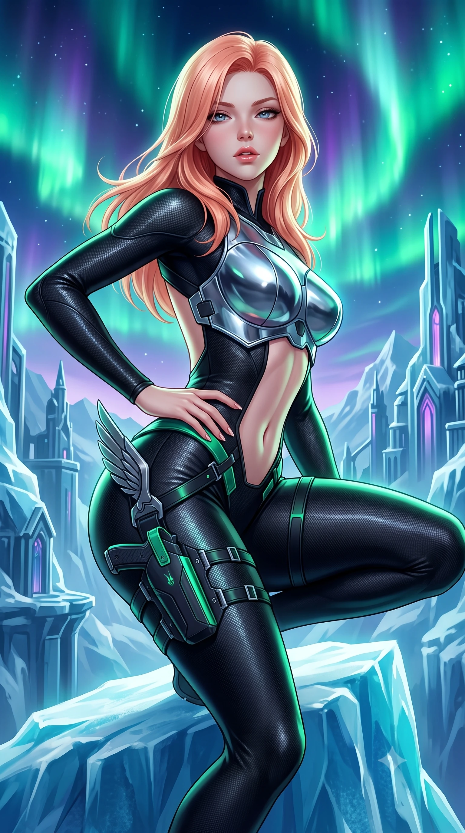 score_9, masterpiece, best quality, ultra-detailed, high-budget anime keyframe, semi-realistic 3D game render, editorial fashion photography, tasteful artistic composition, Japanese woman. close-up cowboy shot from the waist and thighs up, the character dominates the composition, filling the frame with her large presence. resting one manicured hand delicately on her hip bone, her upper body turning in a fluid, seductive S-curve while parted lips glisten in the light while crouching low in a kinetic warrior stance on the ice ridge, her athletic feminine curves and sculpted glutes highlighted by aurora ribbons. The surrounding environment is rendered in vivid detail and crisp panoramic clarity. monumental high-contrast Nordic sci-fi chiaroscuro and mythic glacial architecture in precision. She has an exceptionally elegant, slender, and willowy female figure with an ultra-slim waist, a gracefully sculpted slender torso, toned flat midriff, and rounded feminine hips creating an alluring hourglass silhouette. sharp v-shaped jawline, high-bridge nose, intricate jewel-like eyes with depth, thick eyelashes, glossy parted lips with a natural sheen, intensely captivating and seductive bedroom-eyes expression, flawlessly proportioned anatomical accuracy, strict slender model proportions, natural body alignment, perfectly sculpted long slender limbs, ultra-slim waistline, clean dynamic posture without body distortion. wearing a sleek chrome armor breastplate worn over a second-skin black catsuit with open back and hip harness in stealth obsidian black and electric aurora green, formed from ultra-sleek carbon-fiber reinforced composite with specular sheen, equipped with a sleek titanium wing-inspired hip harness and leg holster, the form-contouring material adhering flawlessly to her sculpted flat midriff and slender torso, emphasizing her long leg lines and perfectly proportioned willowy build. bathed in vibrant emerald and violet aurora backlighting from the polar sky. highly saturated vibrant anime colors, detailed shading with soft gradients, rich glossy textures, high-contrast stereoscopic depth, volumetric dynamic lighting, master piece, 9:16 ratio