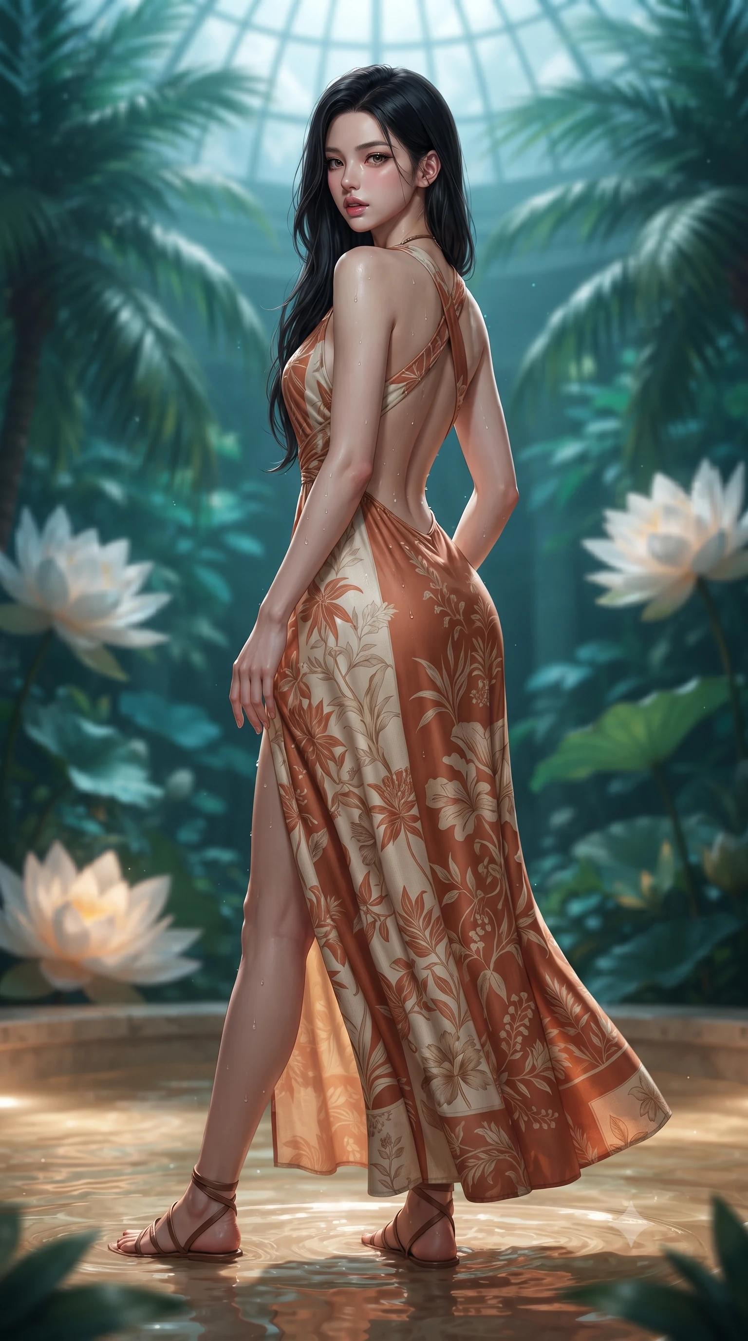 score_9, masterpiece, best quality, ultra-detailed, high-budget anime keyframe, editorial fashion photography, tasteful artistic composition, Korean woman. low angle full-body shot from head to toe showing her feet, filling the entire 9:16 vertical frame with her statuesque presence, stretching her vertical silhouette. posing with back turned slightly to the lens, glancing back with smoldering allure as she arches her lower back to emphasize her sculpted feminine hips and slender waist while wading lightly into the shallow warm botanical pool beneath towering monstera fronds, arching her spine in pure pleasure as water droplets bead on her hips. The composition keeps background elements in soft focus with creamy bokeh. towering exotic palm fronds and giant floating lily blossoms blurred into deep emerald, turquoise, and soft moonlight bokeh. She has an absolutely perfect, statuesque 8.5-heads proportion, an exceptionally tall and slender model-like female figure with impossibly long slender legs, a toned flat midriff, an ultra-slim waist, and beautifully sculpted feminine hips. sharp v-shaped jawline, high-bridge nose, intricate jewel-like eyes with depth, thick eyelashes, glossy parted lips with a natural sheen, intensely captivating and seductive bedroom-eyes expression, flawlessly proportioned anatomical accuracy, strict slender model proportions, natural body alignment, perfectly sculpted long slender limbs, ultra-slim waistline, clean dynamic posture without body distortion. wearing an open-waist botanical print silk maxi gown with crossed halter straps and bare back in warm terracotta and natural linen cream, crafted from second-skin supple lambskin leather with specular sheen, accessorized with minimalist leather wrap sandals and a carved jade pendant, the precision-cut side openings and low-back scoop framing her graceful spine and the sensual sweep of her hips. bathed in cool silver moonlight filtering through the glass dome and warm underwater pool uplights. ultra-reflective glossy finish, specular highlights, rich textural contrasts, high-contrast stereoscopic depth, volumetric dynamic lighting, 2k, ultra detail, master piece, 9:16 ratio