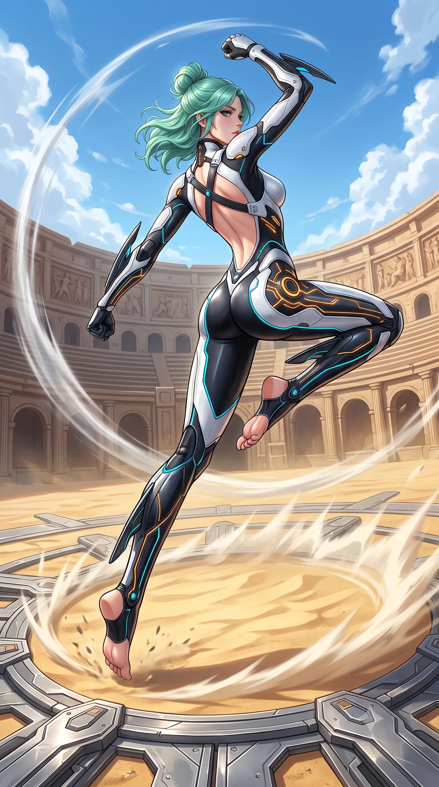 score_9, masterpiece, best quality, ultra-detailed, high-budget anime keyframe, semi-realistic 3D game render, editorial fashion photography, tasteful artistic composition, Japanese woman. low angle full-body shot from head to toe showing her feet, filling the entire 9:16 vertical frame with her statuesque presence, stretching her vertical silhouette. leaping into mid-air with an athletic yet alluring arch of her spine, driving a downward kinetic strike surrounded by a ring of displaced air while pivoting dynamically as her heel strikes the arena ground, sending a shockwave ripple through the sunlit golden sand. The surrounding environment is rendered in vivid detail and crisp panoramic clarity. intricate titanium armor plating bevels, colosseum wall carvings, and clear blue sky in high clarity. She has an absolutely perfect, statuesque 8.5-heads proportion, an exceptionally tall and slender model-like female figure with impossibly long slender legs, a toned flat midriff, and an ultra-slim waist. sharp v-shaped jawline, high-bridge nose, intricate jewel-like eyes with depth, thick eyelashes, glossy lips with a natural sheen, flawlessly proportioned anatomical accuracy, strict slender model proportions, natural body alignment, perfectly sculpted long slender limbs, ultra-slim waistline, clean dynamic posture without body distortion. wearing a high-contrast monochrome white-and-black carbon-composite exoskeleton suit with glowing amber circuitry and aerodynamic limb fins in matte obsidian carbon black with electric cyan conduits, crafted from semi-translucent cybernetic carbon-vinyl interwoven with glowing micro-filaments, complemented by criss-cross back harness straps highlighting her completely bare spine, the glove-like aerodynamic second-skin fit tightly clinging to her ultra-slender waist and athletic curves without adding bulk, accentuating her razor-sharp statuesque lines and slim hourglass silhouette. illuminated by crisp white key lighting with sharp specular highlights tracing her ultra-slim waist and long legs. rich saturated anime colors with glowing neon highlights, detailed shading with soft gradients, rich glossy textures, high-contrast stereoscopic depth, volumetric dynamic lighting, master piece, 9:16 ratio