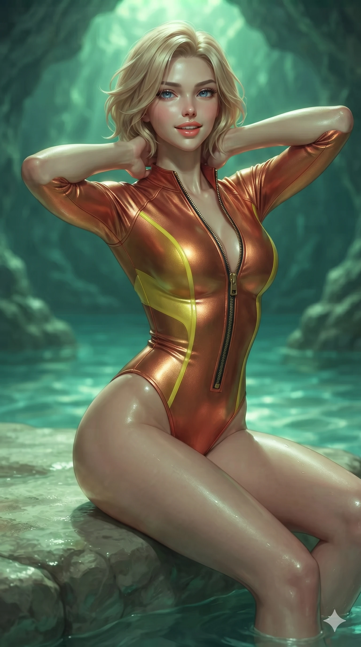 score_9, masterpiece, best quality, ultra-detailed, high-budget anime keyframe, editorial fashion photography, tasteful artistic composition, Caucasian woman. close-up cowboy shot from the waist and thighs up, the character dominates the composition, filling the frame with her large presence. resting both hands lightly behind her neck with elbows raised, arching her spine to highlight her narrow waist, flat midriff, and breathtaking collarbones while sitting on the smooth sea-washed limestone shelf with legs dangling into the emerald waters, flashing a dangerous, captivating smile with parted glossy lips. The background shows a soft-focus mystical emerald sea grotto softened in subterranean cavern shallow focus. She has an exceptionally elegant, slender, and willowy female figure with an ultra-slim waist, flat toned midriff, narrow ribcage, and sculpted feminine hips creating an alluring, slim hourglass silhouette without bulk. sharp v-shaped jawline, high-bridge nose, sparkling eyes with hypnotic seductive depth, thick curled eyelashes, glossy parted lips with a natural dewy peach sheen, alluring bedroom-eyes with an enchanting coquettish smile, exuding magnetic siren charisma and sophisticated glamour, flawlessly proportioned anatomical accuracy, strict slender model proportions, natural body alignment, perfectly sculpted long slender limbs, ultra-slim waistline, clean dynamic posture without body distortion. wearing a form-contouring wet-look neoprene zip-front surfing bodysuit with high-cut leg openings and racing side stripes in sun-kissed terracotta and Amalfi lemon yellow, crafted from luxurious metallic lamé that shifts radiance with every step, finished with sleek heavy-duty brass anchor zip pulls and nautical hardware, the glove-like clinging cut tightly following the natural contour of her hips and long slender legs with youthful 8.5-heads elegance. bathed in the breathtaking natural emerald-green ambient light reflecting upward from submerged sandy shoals into the cavern dome. ultra-reflective glossy finish, specular highlights, rich textural contrasts, high-contrast stereoscopic depth, volumetric dynamic lighting, 2k, ultra detail, master piece, 9:16 ratio