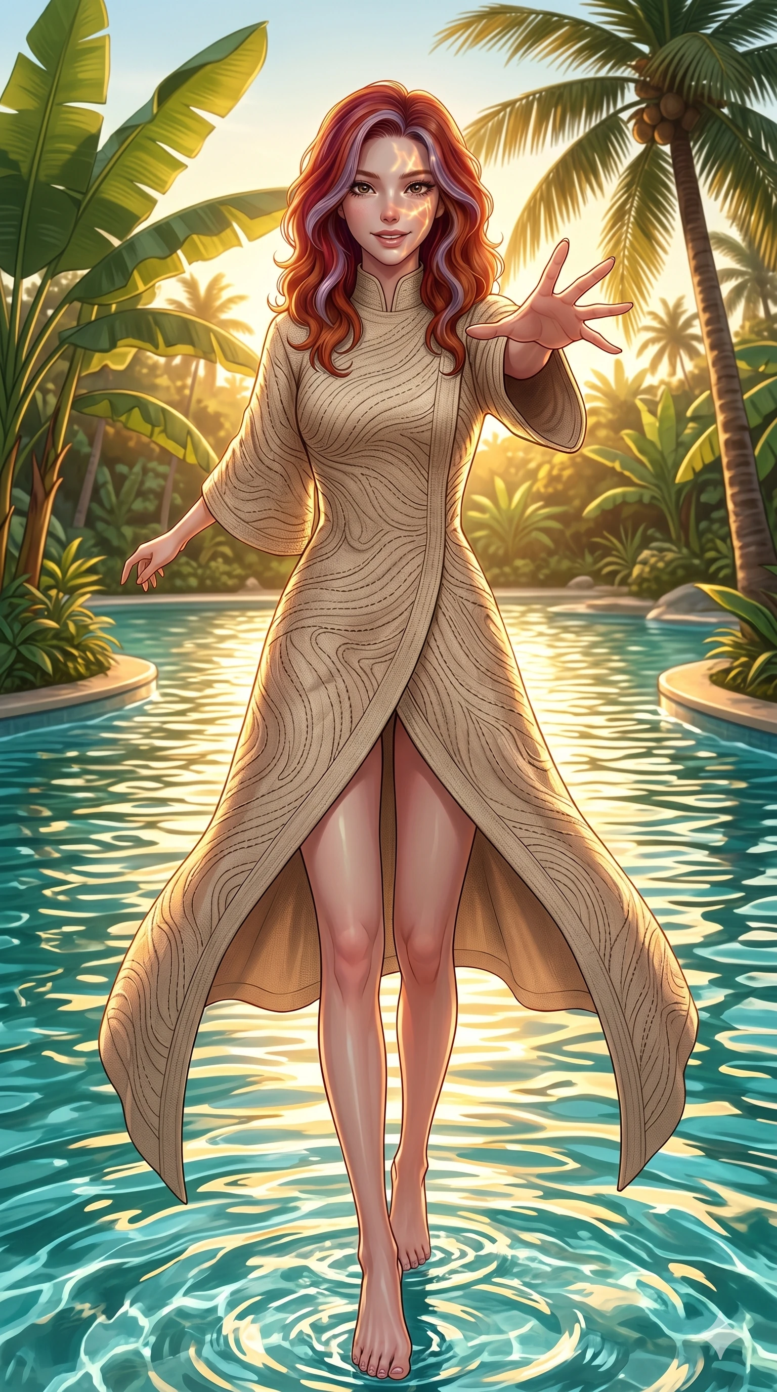 score_9, masterpiece, best quality, ultra-detailed, high-budget anime keyframe, editorial fashion photography, tasteful artistic composition, Caucasian woman, strictly human ears. low angle full-body shot from head to toe showing her feet, filling the entire 9:16 vertical frame with her statuesque presence, stretching her vertical silhouette. standing in the shallow turquoise water, reaching one hand toward the camera with a playful smile in a tropical resort garden filled with banana leaves, coconut trees, and warm sunlight (Code-P19-013). She has an absolutely perfect 8-heads proportion, an exceptionally tall and slender female figure with impossibly long slender legs and an ultra-slim waist. V-shaped jawline, high-bridge nose, intricate jewel-like eyes with depth, thick eyelashes, glossy lips with a natural sheen. wearing a structured high-neck resort robe in beige hemp fabric with intricate wave-patterned stitching. illuminated by golden reflections from the rushing water, creating dancing light patterns on her face. 2k, ultra detail, master piece, 9:16 ratio