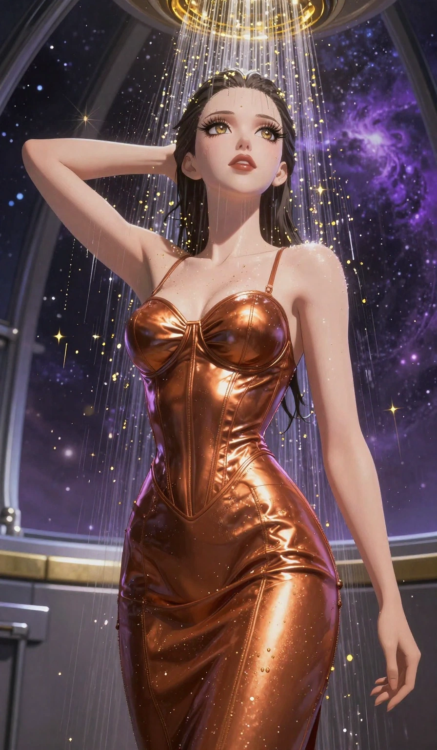 score_9, masterpiece, best quality, ultra-detailed, High-budget Anime Keyframe, Caucasian woman, strictly human ears. Low angle cowboy shot filling the entire 9:16 frame with her statuesque presence. Scenario 485: showering under a cascade of glittering gold stardust inside a high-altitude observatory dome under a swirling violet nebula. Her presence is magnetic and overpowering in this high-budget anime scene. Outfit 485: a tailored metallic copper matte vinyl corset dress layered over a structured corset bodice. The clothing is designed to emphasize her exceptionally tall and slender 8-heads proportion. 8-heads proportion, towering silhouette, ultra-slim waist. sharp v-shaped jawline, intricate jewel-like eyes with depth, thick eyelashes, glossy lips. 2k, ultra detail, master piece, 9:16 ratio