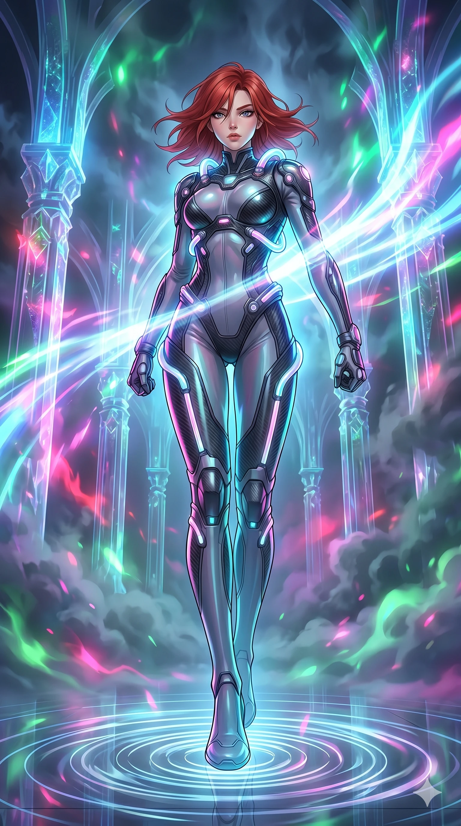 score_9, masterpiece, best quality, ultra-detailed, Set A: High-budget Anime Keyframe, Korean woman. Low angle cowboy shot filling the entire 9:16 frame with her statuesque presence. Theme: Ethereal Dream. unleashing a massive energy wave in a temple made of solid light, as she steps on ripples of time that distort the space 91. The atmosphere is filled with heavy smog with neon flares. She has an absolutely perfect 8-heads proportion, an exceptionally tall and slender female figure with impossibly long slender legs and an ultra-slim waist. Sharp v-shaped jawline, high-bridge nose, intricate jewel-like eyes with depth, glossy lips. Wearing Interstellar pilot suit with glowing oxygen-tubes and a sleek carbon-fiber frame. Cinematic lighting, vivid colors, dramatic shadows, 2k, ultra detail, master piece, 9:16 ratio
