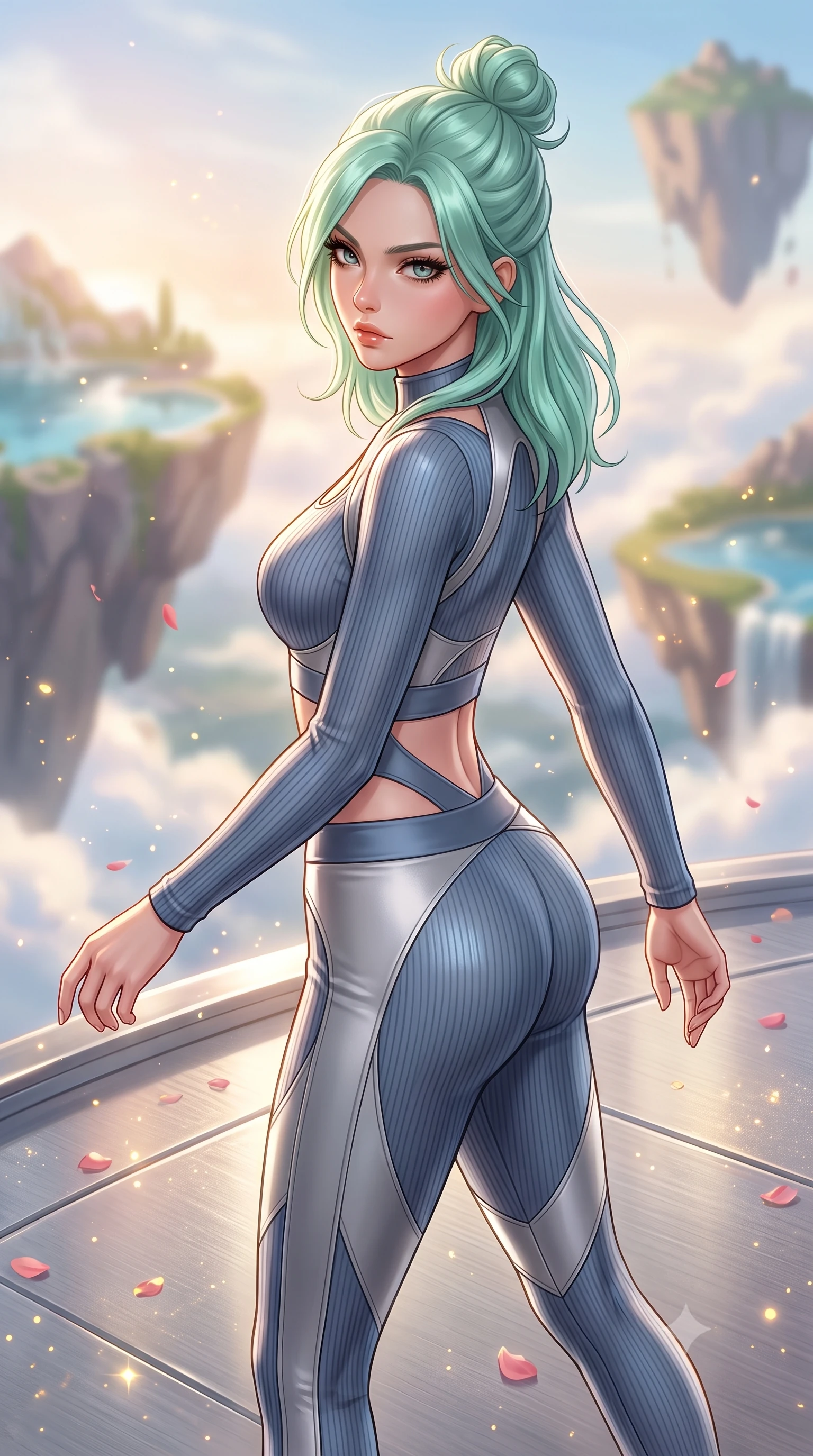 score_9, masterpiece, best quality, ultra-detailed, high-budget anime keyframe, editorial fashion photography, tasteful artistic composition, Japanese woman. close-up cowboy shot from the waist and thighs up, the character dominates the composition, filling the frame with her large presence, background elements kept in soft focus. Pivoting sharply while looking back over her shoulder with heavy lashes and a confident, intense gaze while stepping along a cloudtop platinum terrace suspended between flying hydro-islands, floating rose petals and golden solar dust sparkling in the warm air. She has an exceptionally elegant, slender, and willowy female figure with an ultra-slim waist, a gracefully sculpted slender torso, and a refined silhouette. sharp v-shaped jawline, high-bridge nose, intricate jewel-like eyes with depth, thick eyelashes, glossy lips with a natural sheen, flawlessly proportioned anatomical accuracy, natural body alignment, perfectly sculpted elegant limbs, clean dynamic posture without body distortion. wearing a form-fitting ribbed activewear set with elegant collar cutouts in slate blue and metallic silver, made of fine carbon-fiber weave and soft matte leather, featuring subtle geometric cutouts that highlight her ultra-slim midriff, the tailored fabric tightly following every curve of her athletic build. surrounded by a bright, luxurious aura of warm sunshine and sky reflections. highly saturated vibrant anime colors, detailed shading with soft gradients, rich glossy textures, high-contrast stereoscopic depth, volumetric dynamic lighting, master piece, 9:16 ratio