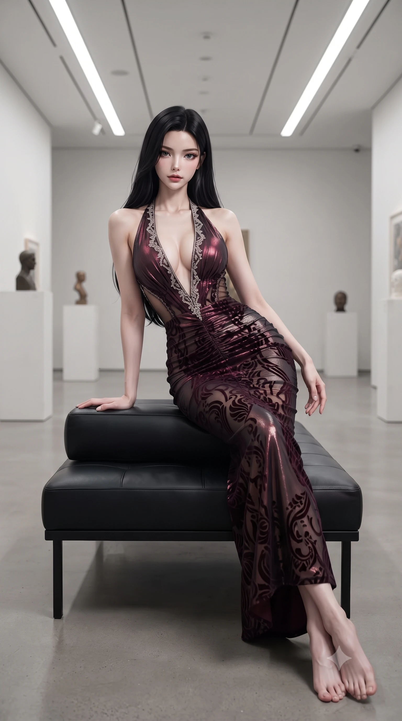 score_9, masterpiece, best quality, ultra-detailed, high-budget anime keyframe, editorial fashion photography, tasteful artistic composition, Korean woman. low angle full-body shot from head to toe showing her feet, filling the entire 9:16 vertical frame with her statuesque presence, stretching her vertical silhouette. leaning deep against the structural architecture with hips cocked in an unapologetically bold, seductive high-fashion stance while reclining on a low-slung minimalist leather bench in the airy gallery, her curvaceous hips and willowy limbs creating an avant-garde geometric silhouette. The composition keeps background elements in soft focus with creamy bokeh. minimalist art pedestals and recessed architectural linear ceiling lights softened in Scandinavian shallow focus. She has an exceptionally tall and slender model-like 8.5-heads proportion, an ultra-slim waist, a flat toned midriff, narrow delicate ribcage, and beautifully sculpted feminine hips creating a graceful, slim hourglass silhouette without any bulky heaviness, with impossibly long slender legs. sharp v-shaped jawline, high-bridge nose, intricate jewel-like eyes with depth, thick eyelashes, glossy parted lips with a natural sheen, intensely captivating and seductive bedroom-eyes expression, flawlessly proportioned anatomical accuracy, strict slender model proportions, natural body alignment, perfectly sculpted long slender limbs, ultra-slim waistline, clean dynamic posture without body distortion. wearing a plunging halter-neck metallic lamé column dress with a dramatic bare spine and hip-defining ruching in deep wine burgundy and brushed dark platinum, made of sheer contouring power-mesh with velvet flocking patterns, finished with delicate crystal frost embroidery tracing the plunging neckline, the second-skin form-contouring cut accentuating her sculpted flat midriff, narrow delicate ribcage, and gracefully curvy hips with supermodel precision. illuminated by crisp architectural ceiling wash lights sculpturing her sculpted cheekbones, ultra-slim waist, and curvy hips. ultra-reflective glossy finish, specular highlights, rich textural contrasts, high-contrast stereoscopic depth, volumetric dynamic lighting, 2k, ultra detail, master piece, 9:16 ratio