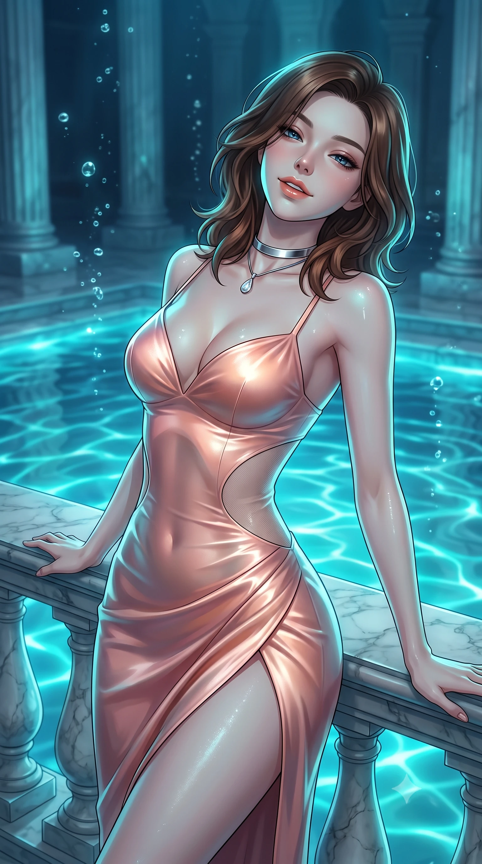 score_9, masterpiece, best quality, ultra-detailed, high-budget anime keyframe, editorial fashion photography, tasteful artistic composition, Korean woman. close-up cowboy shot from the waist and thighs up, the character dominates the composition, filling the frame with her large presence. leaning back against the balustrade with relaxed seductive grace, head tilted back slightly while casting a hypnotic, heavy-lidded gaze while twisting her slender torso in an alluring S-curve beside the submerged holographic reflecting pool, pulsating cyan light waves caressing her flat midriff and hips. The background shows a soft-focus gentle rising micro-bubbles softened in underwater neo-classical sanctuary shallow focus. She has an exceptionally elegant, slender, and willowy female figure with an ultra-slim waist, flat toned midriff, narrow ribcage, and sculpted feminine hips creating an alluring, slim hourglass silhouette without bulk. sharp v-shaped jawline, high-bridge nose, intricate jewel-like sparkling eyes with depth, thick eyelashes, glossy parted lips with a natural peach sheen, bright cheerful beaming smile with an enchanting and coquettish sensual glint, exuding both youthful cute charm and seductive allure, flawlessly proportioned anatomical accuracy, strict slender model proportions, natural body alignment, perfectly sculpted long slender limbs, ultra-slim waistline, clean dynamic posture without body distortion. wearing an alluring plunging sweetheart bodice dress with sheer mesh side-waist cutouts contouring her ribs in Solaris liquid rose-quartz and alien peach, crafted from fluid liquid silk satin that clings smoothly to her narrow waist and rounded hips with a dewy sheen, finished with a minimalist chrome choker and a single teardrop diamond pendant, the high-slit wrap tailoring accentuating her ultra-slim waistline and the enchanting curve of her feminine hips with alluring seductive charm. illuminated by submerged marble reflection bounce and sharp aquamarine rim lights defining her jawline, narrow waist, and curvy hips. ultra-reflective glossy finish, specular highlights, rich textural contrasts, high-contrast stereoscopic depth, volumetric dynamic lighting, 2k, ultra detail, master piece, 9:16 ratio
