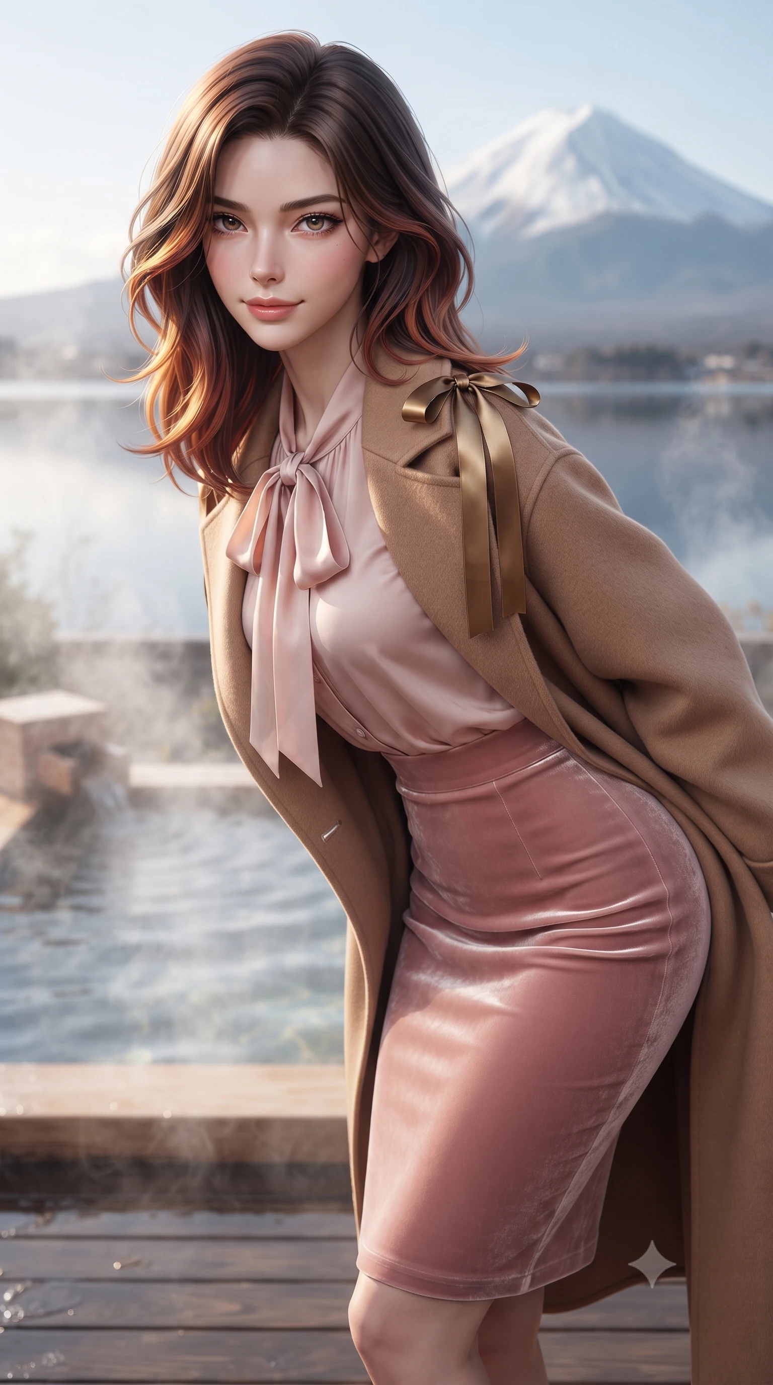 score_9, masterpiece, best quality, ultra-detailed, high-budget anime keyframe, editorial fashion photography, tasteful artistic composition, Korean woman. close-up cowboy shot from the waist and thighs up, the character dominates the composition, filling the frame with her large presence. leaning forward while arching her lower back to accentuate her curvy hips, looking into the camera with an intoxicating smoldering gaze and bedroom-eyes while standing poised on the natural hinoki cypress deck beside the steaming open-air hot spring bath, arching her spine with wet-look siren grace as snow-capped Mount Fuji mirrors in the calm lake. The background shows a soft-focus wisps of fragrant mineral onsen steam softened in private Japanese ryokan sanctuary shallow focus. She has an exceptionally elegant, slender, and willowy female figure with an ultra-slim waist, flat toned midriff, narrow ribcage, and sculpted feminine hips creating an alluring, slim hourglass silhouette without bulk. sharp v-shaped jawline, high-bridge nose, intricate jewel-like sparkling eyes with depth, thick eyelashes, glossy parted lips with a natural peach sheen, bright cheerful beaming smile with an enchanting and coquettish sensual glint, exuding both youthful cute charm and seductive allure, flawlessly proportioned anatomical accuracy, strict slender model proportions, natural body alignment, perfectly sculpted long slender limbs, ultra-slim waistline, clean dynamic posture without body distortion. wearing a tailored double-faced camel cashmere wrap coat draped over a silk georgette bow-tie blouse and pencil skirt in rose-quartz blush and antique burnished brass, tailored from ultra-plush silk velvet with rich tactile depth and deep shadow gradients, finished with satin ribbon ties at the shoulders fluttering in the gentle breeze, the bespoke structured tailoring following the natural line of her 8.5-heads silhouette with refined elegance. illuminated by onsen water reflection bounce and sharp platinum-gold rim lights sculpting her razor-sharp jawline, narrow waist, and curvy hips. ultra-reflective glossy finish, specular highlights, rich textural contrasts, high-contrast stereoscopic depth, volumetric dynamic lighting, 2k, ultra detail, master piece, 9:16 ratio