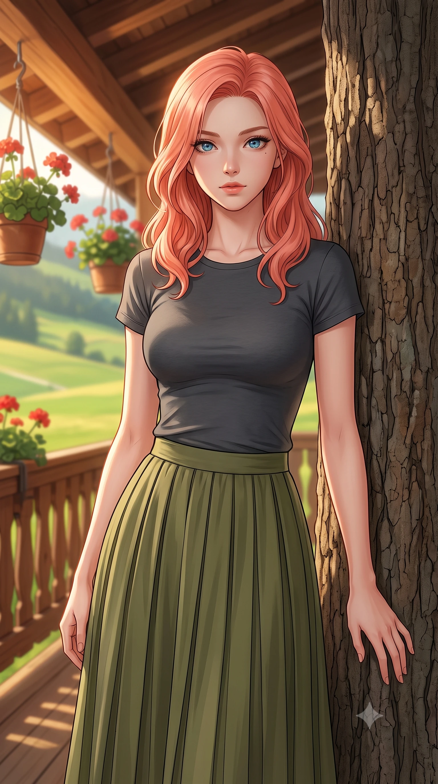 score_9, masterpiece, best quality, ultra-detailed, high-budget anime keyframe, editorial fashion photography, tasteful artistic composition, Japanese woman woman. close-up cowboy shot from the waist and thighs up, the character dominates the composition, filling the frame with her large presence, background elements kept in soft focus. standing relaxed against a tree trunk, sharing a quiet, serene moment with the viewer the background shows a soft-focus a wooden balcony of a Swiss chalet decorated with red geraniums, looking at green meadows. She has an exceptionally elegant, slender, and willowy female figure with an ultra-slim waist, a gracefully sculpted slender torso, and a refined silhouette. sharp v-shaped jawline, high-bridge nose, intricate jewel-like eyes with depth, thick eyelashes, glossy lips with a natural sheen. wearing a body-hugging simple dark grey cotton tee tucked into a pleated olive midi skirt. warm afternoon sunbeams coloring the wooden beams and flowers in vivid tones. 2k, ultra detail, master piece, 9:16 ratio