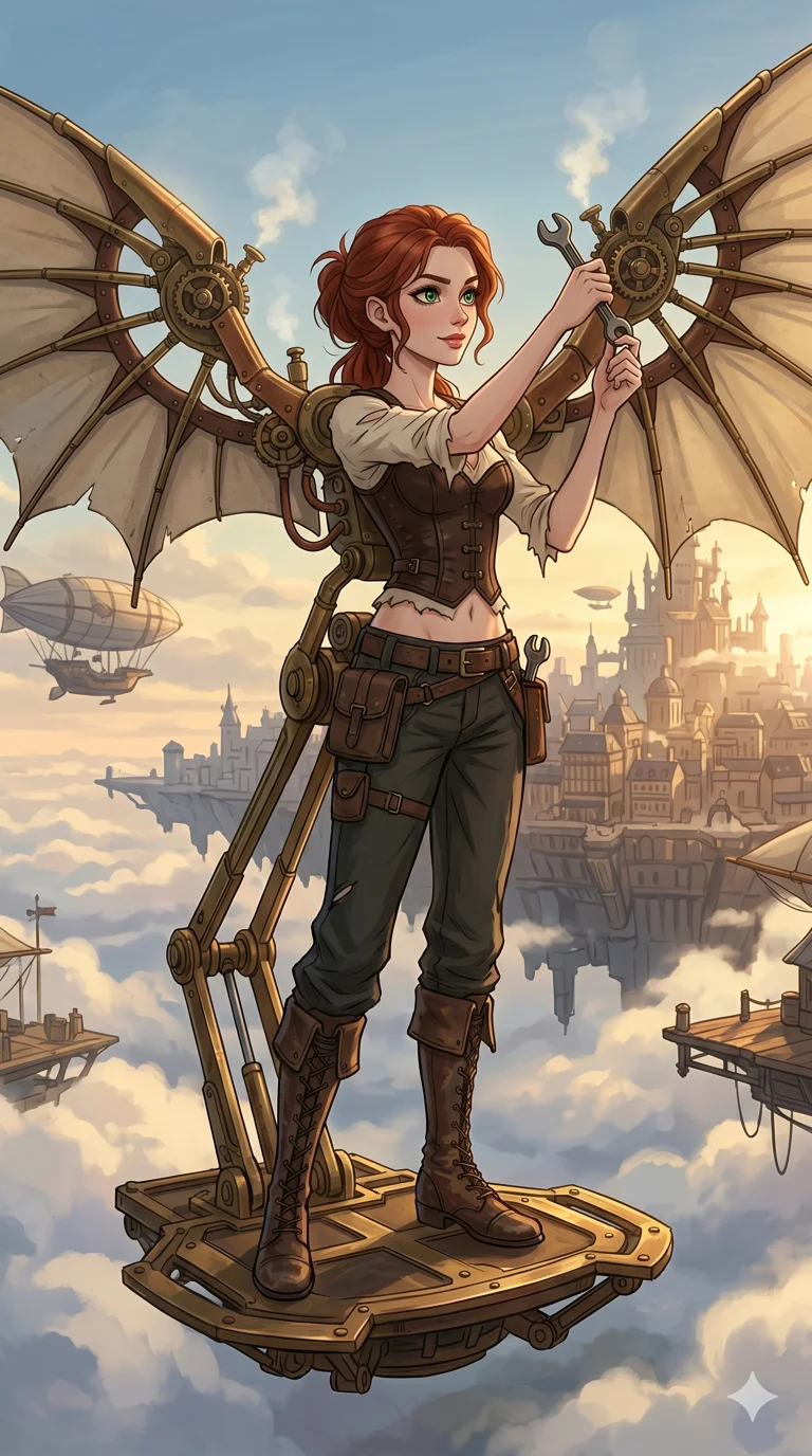 score_9, masterpiece, best quality, ultra-detailed, high-budget anime keyframe, an incredibly beautiful Caucasian woman (strictly human ears). Full-body shot stretching the vertical silhouette, dominating the 9:16 frame. She is an inventor adjusting her steam-powered wings while standing on a floating brass platform. She has an absolutely perfect 8-heads proportion, an exceptionally tall and slender build emphasizing a delicate skinny aesthetic. Her face is a flawless masterpiece with a sharp v-shaped jawline, high-bridge nose, expressive jewel-like eyes, thick eyelashes, and perfectly glossy lips. She is wearing a seductive steampunk corset with exposed midriff and high-cut leather boots. A Victorian city floating above a sea of clouds, golden hour sunlight, volumetric shadows., 2k, ultra detail, master piece, 9:16 ratio