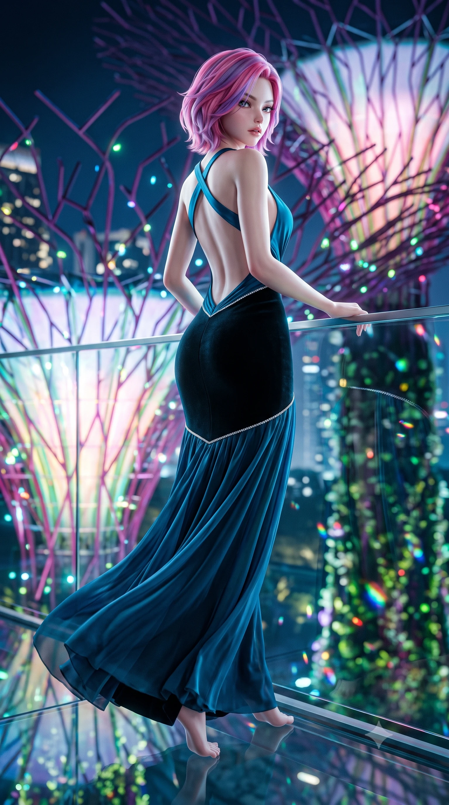 score_9, masterpiece, best quality, ultra-detailed, high-budget anime keyframe, semi-realistic 3D game render, editorial fashion photography, tasteful artistic composition, Caucasian woman. low angle full-body shot from head to toe showing her feet, filling the entire 9:16 vertical frame with her statuesque presence, stretching her vertical silhouette. executing an elegant mid-motion pivot turn as garments swirl around her slender limbs, glancing over her shoulder with an intoxicating bedroom-gaze while leaning forward over the transparent skyway glass railing with hips cocked back, looking back over her shoulder as glowing supertree branches illuminate her curvy hips. The composition keeps background elements in soft focus with creamy bokeh. bioluminescent plant spores and city skyline reflections scattering vibrant chromatic light motes. She has an exceptionally tall and slender model-like 8.5-heads proportion, an ultra-slim waist, a flat toned midriff, narrow delicate ribcage, and beautifully sculpted feminine hips creating a graceful, slim hourglass silhouette without any bulky heaviness, with impossibly long slender legs. sharp v-shaped jawline, high-bridge nose, intricate jewel-like eyes with depth, thick eyelashes, glossy parted lips with a natural sheen, intensely captivating and seductive bedroom-eyes expression, flawlessly proportioned anatomical accuracy, strict slender model proportions, natural body alignment, perfectly sculpted long slender limbs, ultra-slim waistline, clean dynamic posture without body distortion. wearing a liquid-silk jersey evening gown with an ultra-deep plunging open back descending to the base of her spine and a sculpted hip-hugging skirt in pitch-black velvet with diamond crystal trim, woven from layered gossamer chiffon with a weightless sweeping drape, finished with criss-cross back satin straps highlighting her graceful shoulder blades, the dramatically scooped open back descending to the base of her spine, accentuating her razor-sharp statuesque lines and slim hourglass silhouette. illuminated by wet specular glass bounce lights sculpting her toned waistline, slender spine, and feminine hips. highly saturated vibrant anime colors, detailed shading with soft gradients, rich glossy textures, high-contrast stereoscopic depth, volumetric dynamic lighting, master piece, 9:16 ratio