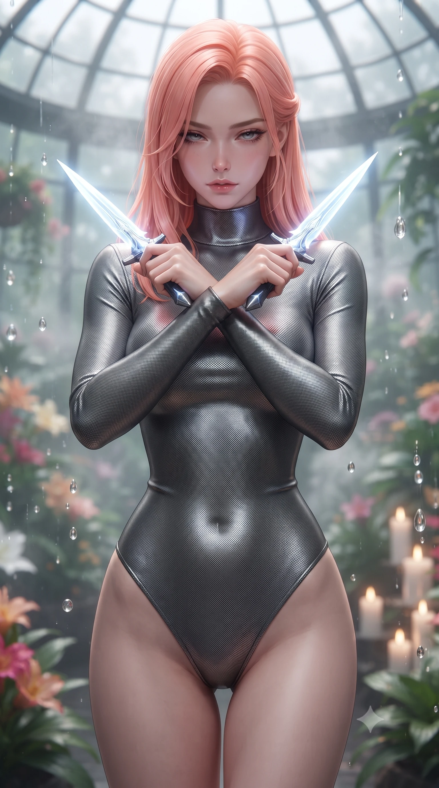 score_9, masterpiece, best quality, ultra-detailed, high-budget anime keyframe, editorial fashion photography, tasteful artistic composition, Japanese woman. close-up cowboy shot from the waist and thighs up, the character dominates the composition, filling the frame with her large presence, background elements kept in soft focus. holding two energy daggers crossed in front of her elegant collarbone, casting a heavy-lidded, sultry look, the background shows a soft-focus a glass dome botanical garden in orbit, filled with tropical flowers and steam. She has an exceptionally elegant, slender, and willowy female figure with an ultra-slim waist, a gracefully sculpted slender torso, and a refined silhouette. sharp v-shaped jawline, high-bridge nose, intricate jewel-like eyes with depth, thick eyelashes, glossy lips with a natural sheen. wearing a tailored form-fitting dark grey nano-mesh bodysuit with a high-neck collar, tracing her slender waist and hips. soft flickering candle glow refracting through the moving water droplets. ultra-reflective glossy finish, specular highlights, metallic sheen, high-contrast stereoscopic depth, volumetric dynamic lighting, 2k, ultra detail, master piece, 9:16 ratio