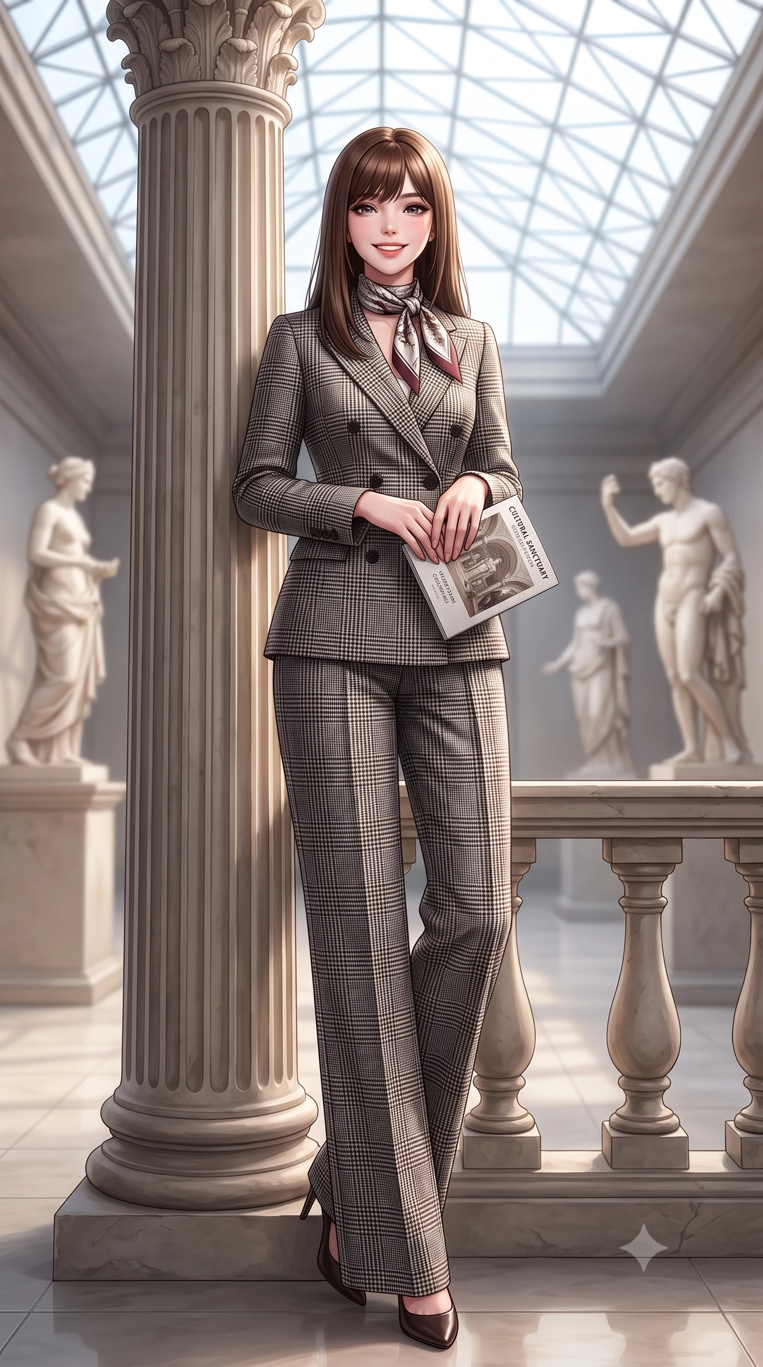 score_9, masterpiece, best quality, ultra-detailed, high-budget anime keyframe, semi-realistic 3D game render, editorial fashion photography, tasteful artistic composition, Korean woman. low angle full-body shot from head to toe showing her feet, filling the entire 9:16 vertical frame with her statuesque presence, stretching her vertical silhouette. standing poised beside the classical stone balustrade with one foot slightly forward, hands folded loosely before her with regal grace while leaning lightly against the fluted Portland stone Corinthian column, one hand holding an exhibition catalog with refined poise. The background shows a soft-focus classical Greek sculptures on pedestals softened in majestic cultural sanctuary shallow focus. She has an exceptionally tall and slender model-like 8.5-heads proportion, an ultra-slim waist, a flat toned midriff, narrow delicate ribcage, and beautifully sculpted feminine hips creating a graceful, slim hourglass silhouette without any bulky heaviness, with impossibly long slender legs. sharp v-shaped jawline, high-bridge nose, intricate jewel-like sparkling eyes with depth, thick eyelashes, glossy parted lips with a natural peach sheen, bright cheerful beaming smile with an enchanting and coquettish sensual glint, exuding both youthful cute charm and seductive allure, flawlessly proportioned anatomical accuracy, strict slender model proportions, natural body alignment, perfectly sculpted long slender limbs, ultra-slim waistline, clean dynamic posture without body distortion. wearing a double-breasted Prince of Wales check tailored wool blazer paired with high-waisted pleated wide-leg trousers in classic glen plaid monochrome with subtle wine red accent, crafted from fluid mulberry silk twill with an understated lustrous pearl finish, finished with a printed silk twilly scarf knotted gracefully around her neck, the expertly draped wool fabric falling in crisp fluid lines along her tall 8.5-heads silhouette, celebrating her slender frame without excess fabric bulk. bathed in voluminous pure white zenithal daylight filtering through the vast geometric glass skylight canopy. highly saturated vibrant anime colors, detailed shading with soft gradients, rich glossy textures, high-contrast stereoscopic depth, volumetric dynamic lighting, master piece, 9:16 ratio