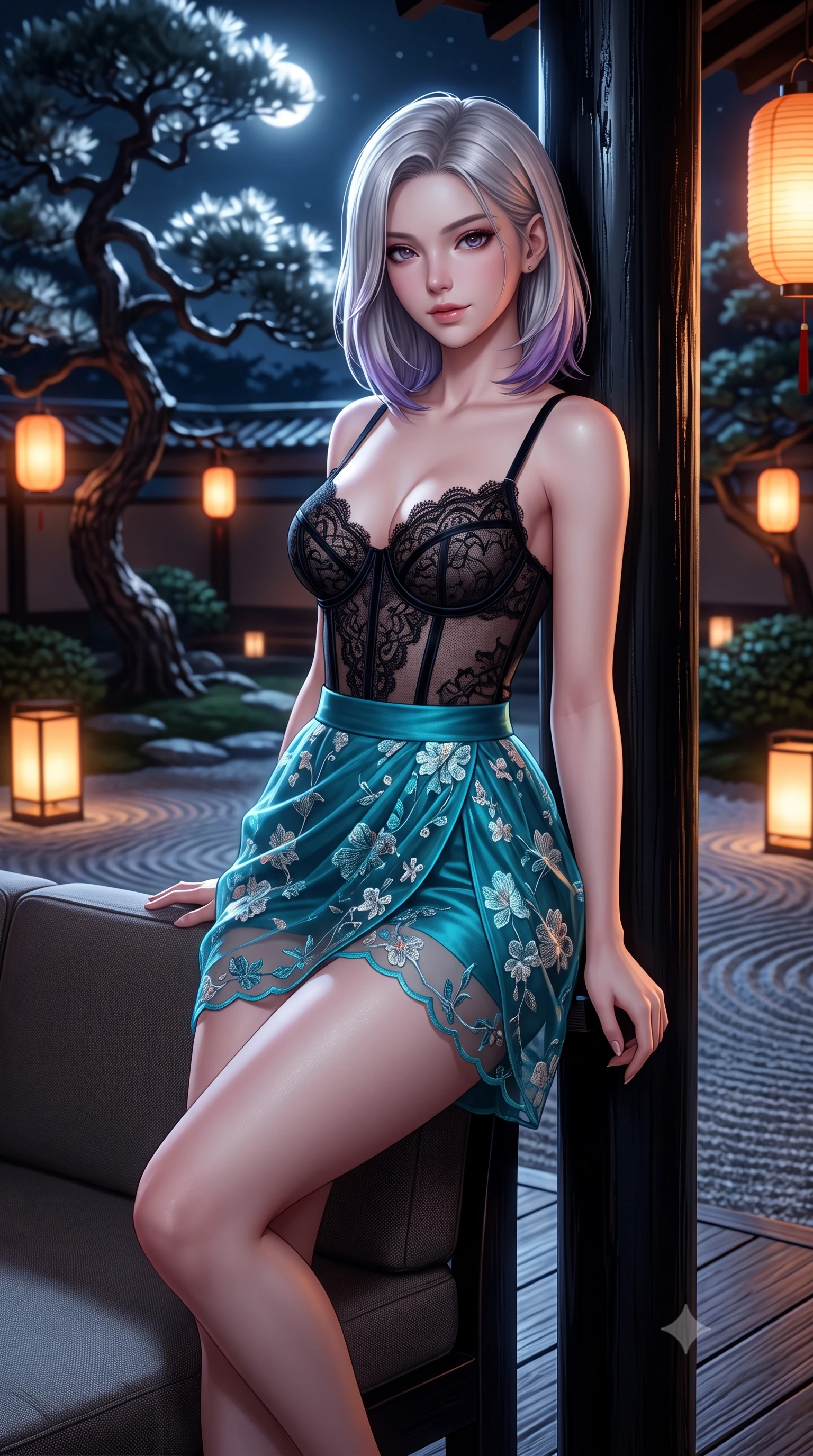 score_9, masterpiece, best quality, ultra-detailed, high-budget anime keyframe, semi-realistic 3D game render, editorial fashion photography, tasteful artistic composition, Caucasian woman. close-up cowboy shot from the waist and thighs up, the character dominates the composition, filling the frame with her large presence. perched sideways on the lounge seat, one knee drawn up to showcase her slender leg line while her arched back accentuates her feminine hip curve while leaning against the black lacquered veranda post with hips cocked back, looking over a bare shoulder with heavy-lidded bedroom-eyes. The background shows a soft-focus twisted silhouettes of centuries-old black pines against silver moonlit sky, raked gravel garden ripples, and hanging andon lanterns blurred into ivory, charcoal, and gold bokeh. She has an exceptionally elegant, slender, and willowy female figure with an ultra-slim waist, flat toned midriff, narrow ribcage, and sculpted feminine hips creating an alluring, slim hourglass silhouette without bulk. sharp v-shaped jawline, high-bridge nose, intricate jewel-like sparkling eyes with depth, thick eyelashes, glossy parted lips with a natural peach sheen, bright cheerful beaming smile with an enchanting and coquettish sensual glint, exuding both youthful cute charm and seductive allure, flawlessly proportioned anatomical accuracy, strict slender model proportions, natural body alignment, perfectly sculpted long slender limbs, ultra-slim waistline, clean dynamic posture without body distortion. wearing a sculpted underwire bustier in sheer noir lace with velvet piping paired with an ultra-short draped tulip skirt in Mediterranean bioluminescent teal and radiant pearl, made of delicate embroidered tulle lace with intricate floral motifs and soft transparency, finished with scalloped eyelash lace trim framing her sweetheart neckline with intimate elegance, the second-skin tailored fabric adhering flawlessly to her sculpted flat midriff and slender torso, emphasizing her long leg lines and perfectly proportioned willowy build. bathed in the soft, intimate 2200K ambient illumination of traditional washi andon lamps mixed with cool silver moonlight. highly saturated vibrant anime colors, detailed shading with soft gradients, rich glossy textures, high-contrast stereoscopic depth, volumetric dynamic lighting, master piece, 9:16 ratio