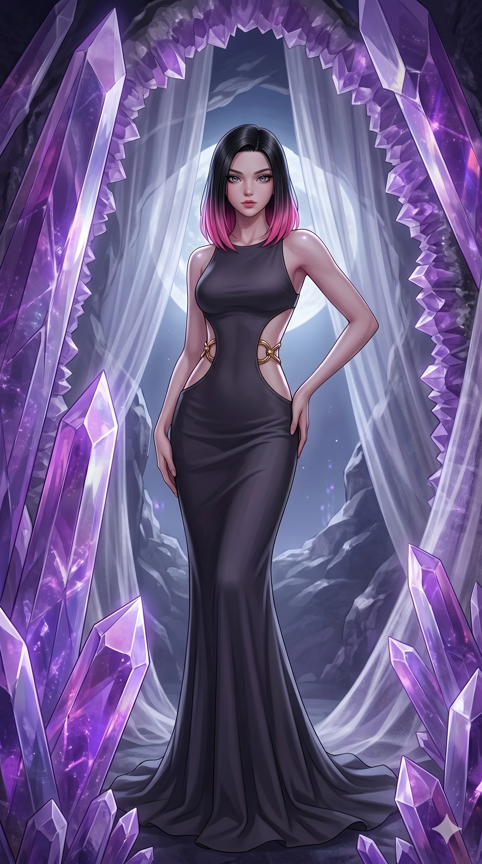 score_9, masterpiece, best quality, ultra-detailed, high-budget anime keyframe, editorial fashion photography, tasteful artistic composition, Korean woman. cowboy shot from the thighs up, character and outfit filling the frame for maximum editorial presence. Holding a confident power pose with one hand on her hip inside a crystalline geode cavern lined with towering amethyst spires casting violet prismatic light. She has an absolutely perfect 8-heads proportion, an exceptionally tall and slender female figure with impossibly long slender legs and an ultra-slim waist. V-shaped jawline, high-bridge nose, intricate jewel-like eyes with depth, thick eyelashes, glossy lips with a natural sheen. wearing a dark charcoal fitted floor-length gown with dramatic curved architectural cutouts at the sides of the torso framed by gold ring hardware, emphasizing the ultra-slim waist. bathed in cold silver moonlight filtered through translucent gossamer curtains casting soft shadows on her curves. 2k, ultra detail, master piece, 9:16 ratio