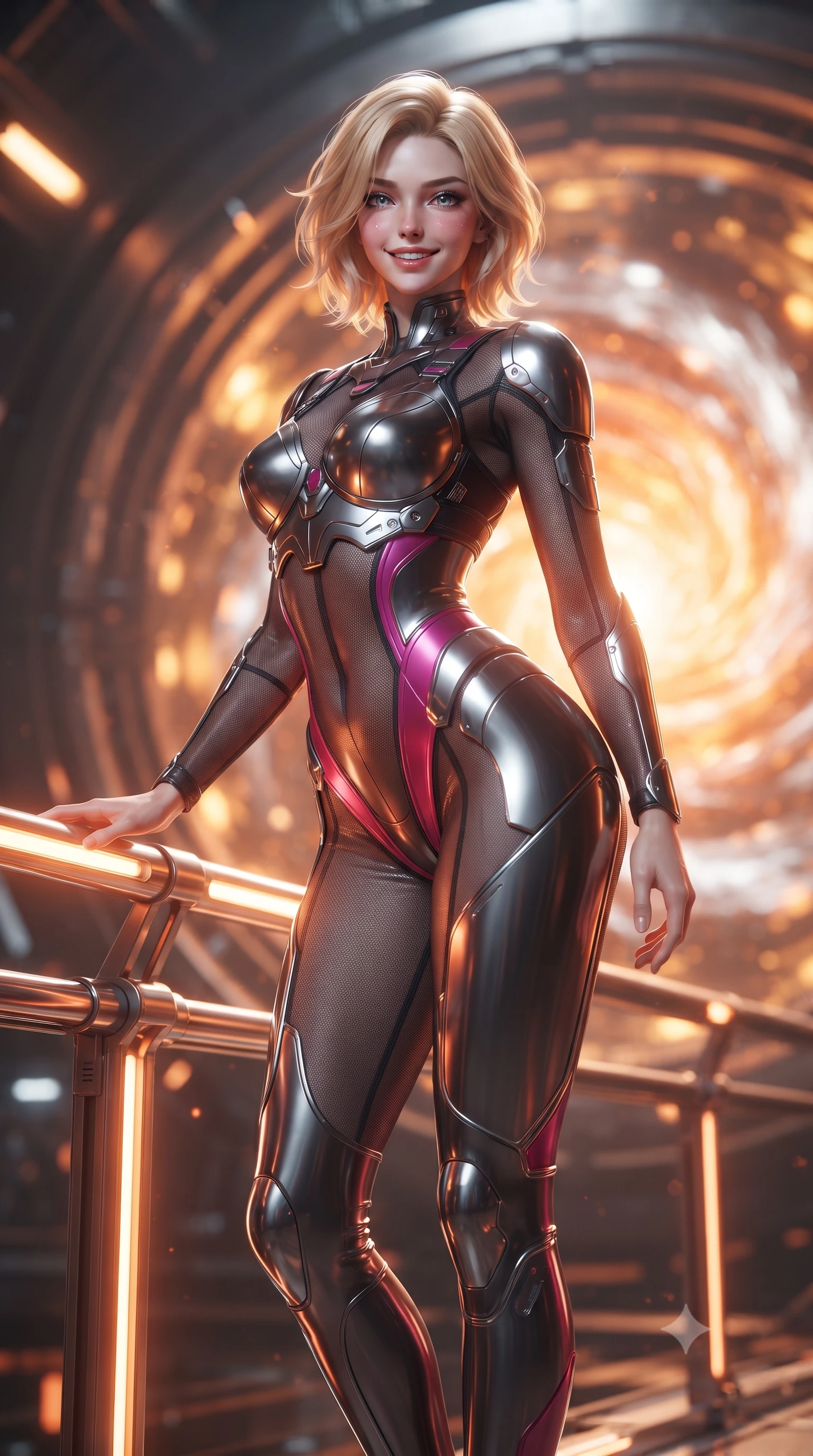 score_9, masterpiece, best quality, ultra-detailed, high-budget anime keyframe, editorial fashion photography, tasteful artistic composition, Caucasian woman. low angle full-body shot from head to toe showing her feet, filling the entire 9:16 vertical frame with her statuesque presence, stretching her vertical silhouette. standing in a tall, confident posture with one hand on a glowing metal railing, stretching her statuesque body as she arches her lower back to emphasize her sculpted feminine hips and slender waist while standing in a tall confident posture with one hand on a glowing metal railing, stretching her statuesque body as the pulsating orange fusion core flares behind. The background shows a soft-focus the colossal magnetic containment ring and swirling orange-and-white fusion plasma vortex blurred into amber, gold, and incandescent white bokeh. She has an absolutely perfect, statuesque 8.5-heads proportion, an exceptionally tall and slender model-like female figure with impossibly long slender legs, an ultra-slim waist, a flat toned midriff, narrow delicate ribcage, and beautifully sculpted feminine hips creating a graceful, slim hourglass silhouette without any bulky heaviness. sharp v-shaped jawline, high-bridge nose, intricate jewel-like sparkling eyes with depth, thick eyelashes, glossy parted lips with a natural sheen, bright confident smile with an enchanting and coquettish sensual glint, exuding both youthful magnetic charm and sovereign high-tech allure, flawlessly proportioned anatomical accuracy, strict slender model proportions, natural body alignment, perfectly sculpted long slender limbs, ultra-slim waistline, clean dynamic posture without body distortion. wearing a sculpted titanium-alloy breastplate bodice worn over an ultra-tight matte stretch bodysuit with side hip cutouts in deep titanium gunmetal and radiant magenta neon, crafted from sheer technical cyber-lace reinforced with ultra-thin Kevlar threads, accented with strategically placed chrome armor plate guards covering key curves, the high-waisted tailoring accentuating her ultra-slim waistline and the enchanting curve of her feminine hips with alluring dark charm. bathed in shifting orange and white plasma flares casting high-contrast chiaroscuro shadows. ultra-reflective glossy finish, specular highlights, rich textural contrasts, high-contrast stereoscopic depth, volumetric dynamic lighting, 2k, ultra detail, master piece, 9:16 ratio