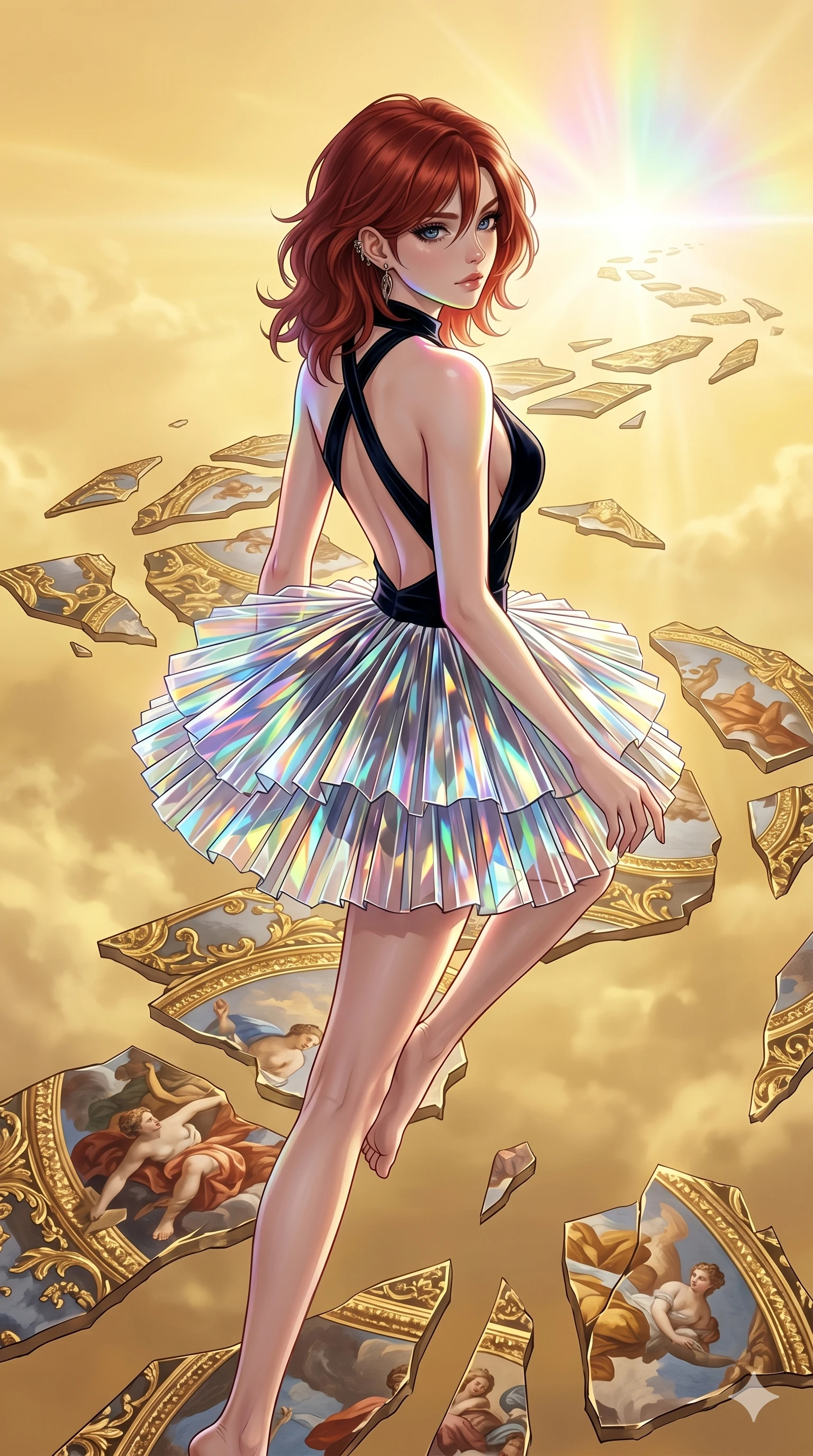 score_9, masterpiece, best quality, ultra-detailed, high-budget anime keyframe, Caucasian woman, strictly human ears. upper body close-up from the thighs up, character filling the screen for maximum presence. propelling herself off digital baroque ceiling fresco shards that float and reassemble in a golden sky. She has an absolutely perfect 8-heads proportion, an exceptionally tall and slender female figure with impossibly long slender legs and an ultra-slim waist. V-shaped jawline, high-bridge nose, intricate jewel-like eyes with depth, thick eyelashes, glossy lips with a natural sheen.. wearing a fractal glass pleated skirt and a backless black velvet halter neck top, creating a dramatic and elegant silhouette. enhanced by a luminous pastel spectrum glow, casting elegant rim lights on her shoulders and jawline. 2k, ultra detail, master piece, 9:16 ratio