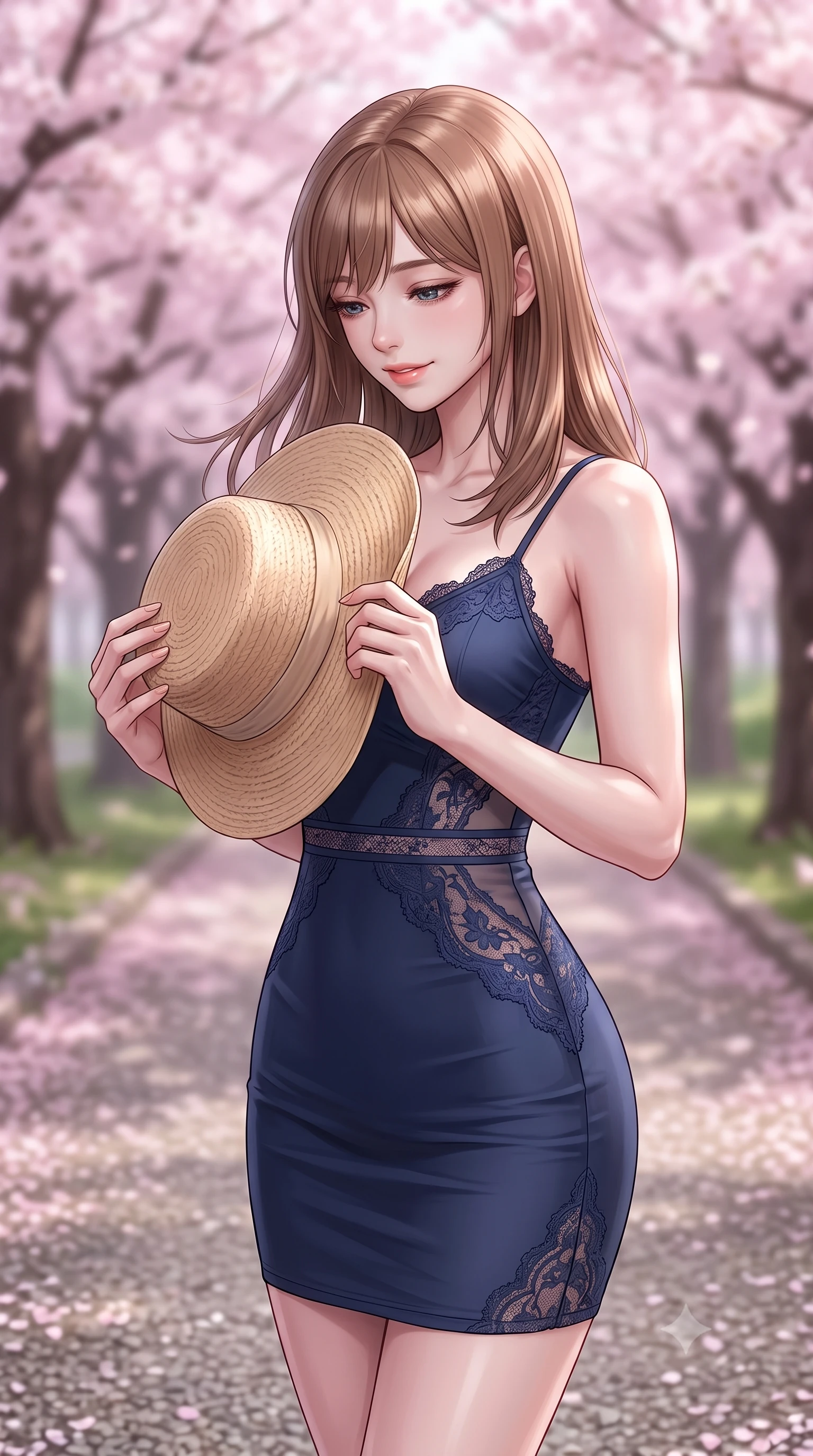score_9, masterpiece, best quality, ultra-detailed, high-budget anime keyframe, editorial fashion photography, tasteful artistic composition, Korean woman woman. close-up cowboy shot from the waist and thighs up, the character dominates the composition, filling the frame with her large presence, background elements kept in soft focus. holding a wide-brimmed straw hat with both hands against the breeze, looking down with a soft smile the background shows a soft-focus a quiet gravel path in a park lined with cherry blossom trees in full bloom. She has an exceptionally elegant, slender, and willowy female figure with an ultra-slim waist, a gracefully sculpted slender torso, and a refined silhouette. sharp v-shaped jawline, high-bridge nose, intricate jewel-like eyes with depth, thick eyelashes, glossy lips with a natural sheen. wearing a body-hugging delicate lace-accented slip dress in navy blue, featuring sheer panels along the waist. soft pink diffused light under a canopy of cherry blossoms. 2k, ultra detail, master piece, 9:16 ratio