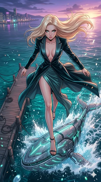 score_9, masterpiece, best quality, ultra-detailed, high-budget anime movie keyframe, cinematic anime lighting, intricate line art, Caucasian (strictly human ears) woman. Extreme high angle shot as she leaps towards the camera, filling the frame. gli
