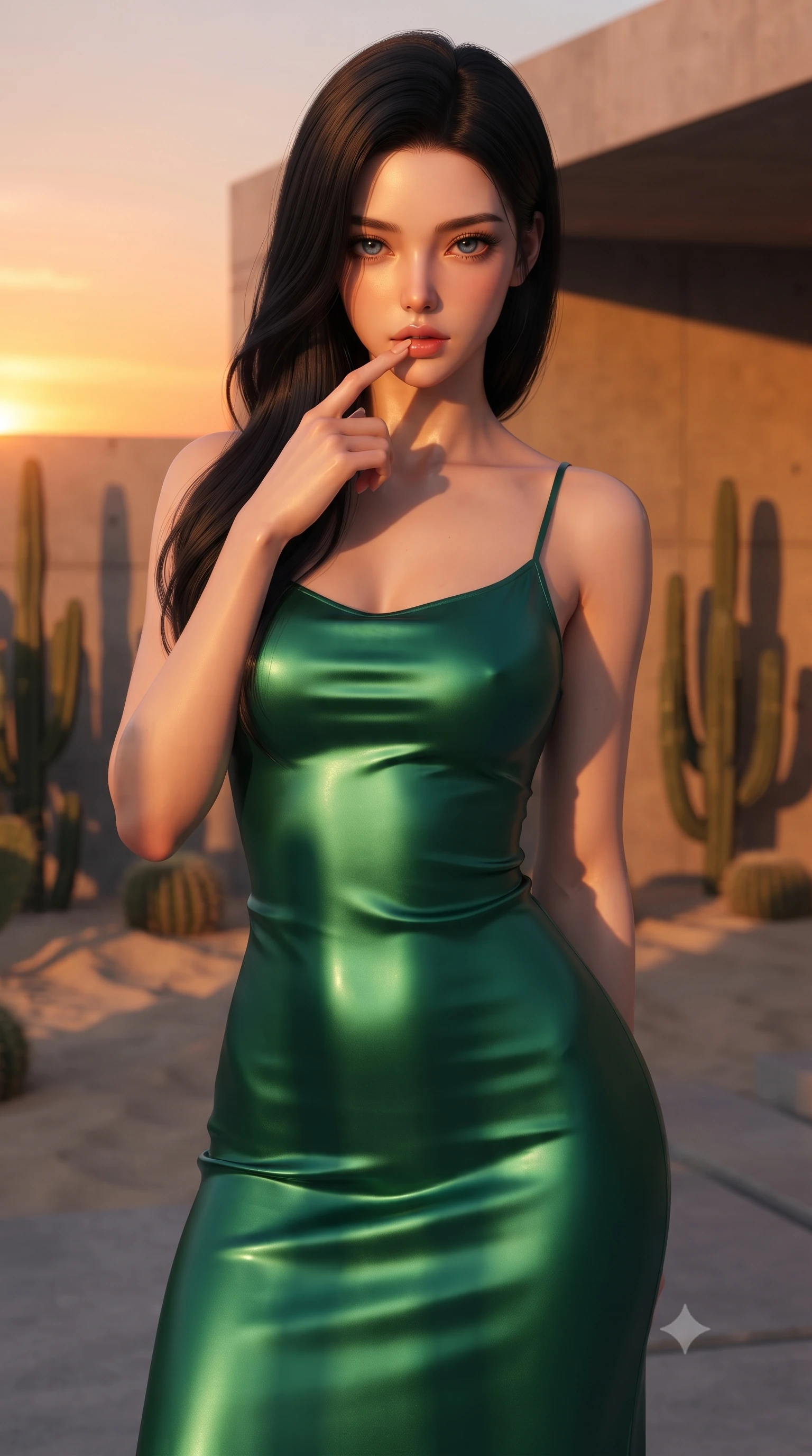 score_9, masterpiece, best quality, ultra-detailed, high-budget anime keyframe, editorial fashion photography, tasteful artistic composition, Korean woman. close-up cowboy shot from the waist and thighs up, the character dominates the composition, filling the frame with her large presence, background elements kept in soft focus. pressing one finger to her bottom lip in a thoughtful, seductive gesture under the warm sun the background shows a soft-focus a modern concrete villa garden with minimalist cacti and sand landscaping at sunset. She has an exceptionally elegant, slender, and willowy female figure with an ultra-slim waist, a gracefully sculpted slender torso, and a refined silhouette. sharp v-shaped jawline, high-bridge nose, intricate jewel-like eyes with depth, thick eyelashes, glossy lips with a natural sheen. wearing a form-contouring form-contouring emerald green silk slip dress that hugs her slender waist and hips. the dramatic orange glow of a sunset casting long cactus shadows. ultra-reflective glossy finish, specular highlights, metallic sheen, high-contrast stereoscopic depth, volumetric dynamic lighting, 2k, ultra detail, master piece, 9:16 ratio