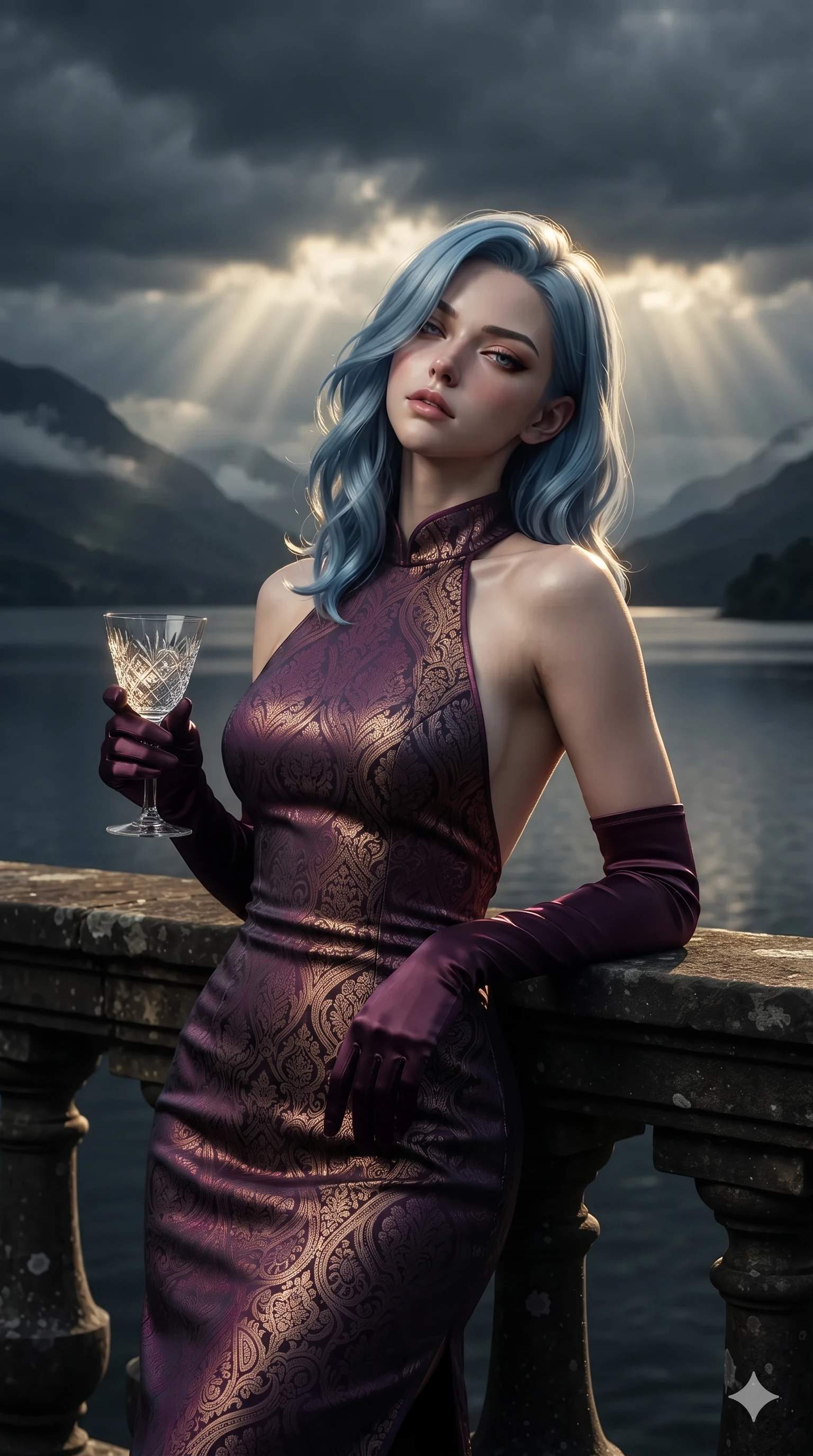 score_9, masterpiece, best quality, ultra-detailed, high-budget anime keyframe, editorial fashion photography, tasteful artistic composition, Korean woman. close-up cowboy shot from the waist and thighs up, the character dominates the composition, filling the frame with her large presence. leaning back against the balustrade with relaxed seductive grace, head tilted back slightly while casting a hypnotic, heavy-lidded gaze while turning in an alluring contrapposto stance as her sweeping heavy fabric catches the highland breeze, gazing out over the vast loch with sovereign allure. The composition keeps background elements in soft focus with creamy bokeh: vast dark loch waters stretching between mist-capped mountains, dramatic storm cloud breaks, and ancient heather hills blurred into slate, heather, and silver bokeh. She has an exceptionally elegant, slender, and willowy female figure with an ultra-slim waist, flat toned midriff, narrow ribcage, and sculpted feminine hips creating an alluring, slim hourglass silhouette without bulk. sharp v-shaped jawline, high-bridge nose, intricate jewel-like eyes with depth, thick eyelashes, glossy parted lips with a natural sheen, intensely captivating and seductive bedroom-eyes expression, flawlessly proportioned anatomical accuracy, strict slender model proportions, natural body alignment, perfectly sculpted long slender limbs, ultra-slim waistline, clean dynamic posture without body distortion. wearing a tailored silk halter dress with an open back and graceful side slit flowing to the floor in deep plum violet and antique bronze, woven from structured carbon-fiber jacquard with rich textural depth, accessorized with opera-length satin gloves and a vintage crystal glass, the bespoke structured tailoring following the natural line of her 8.5-heads silhouette with refined elegance. dramatic golden sunbeam shafts piercing storm clouds and casting high-contrast specular rim lights across her silhouette. ultra-reflective glossy finish, specular highlights, rich textural contrasts, high-contrast stereoscopic depth, volumetric dynamic lighting, 2k, ultra detail, master piece, 9:16 ratio