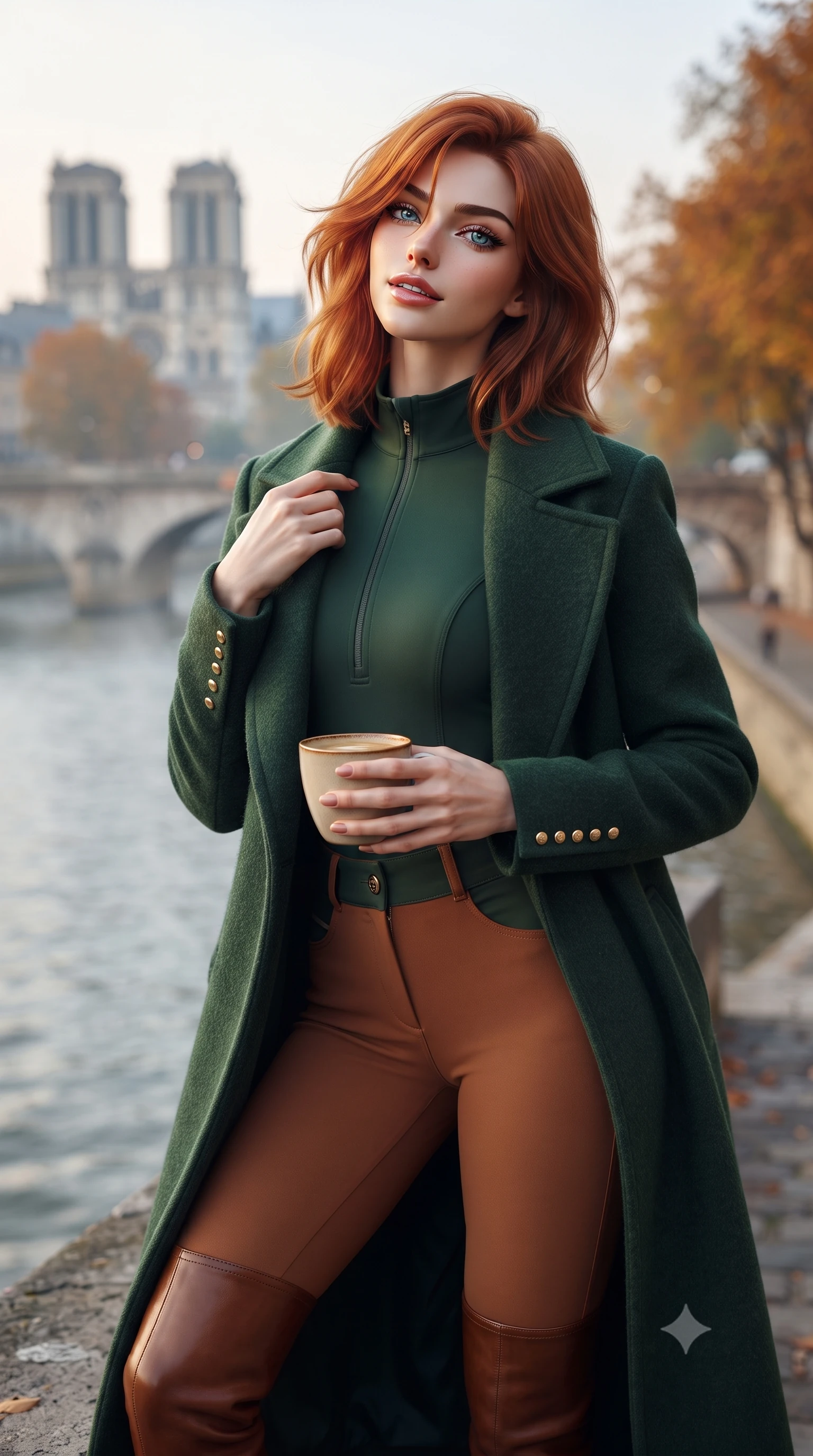 score_9, masterpiece, best quality, ultra-detailed, high-budget anime keyframe, editorial fashion photography, tasteful artistic composition, Korean woman. close-up cowboy shot from the waist and thighs up, the character dominates the composition, filling the frame with her large presence. tilting her chin up with a teasing half-smile, running one manicured hand lightly along her lapel with effortless magnetic allure while holding a warm mug of café au lait in both hands, wrapped in an elegant wool wrap coat as morning mist rises over the river. The background shows a soft-focus flowing River Seine waters, autumn-colored trees along the quays, historic stone bridges, and distant Notre-Dame towers blurred into slate blue, copper, and zinc grey bokeh. She has an exceptionally elegant, slender, and willowy female figure with an ultra-slim waist, flat toned midriff, narrow ribcage, and sculpted feminine hips creating an alluring, slim hourglass silhouette without bulk. sharp v-shaped jawline, high-bridge nose, intricate jewel-like sparkling eyes with depth, thick eyelashes, glossy parted lips with a natural peach sheen, bright cheerful beaming smile with an enchanting and coquettish sensual glint, exuding both youthful cute charm and seductive allure, flawlessly proportioned anatomical accuracy, strict slender model proportions, natural body alignment, perfectly sculpted long slender limbs, ultra-slim waistline, clean dynamic posture without body distortion. wearing a form-fitting equestrian stretch bodysuit paired with snug tailored riding breeches and polished knee-high leather boots in heritage British racing green and warm cognac brown, tailored from premium double-knit ponte with sleek sculpting hold and smooth contours, accented with delicate gold button studs trailing down the snug sleeve cuffs, the glove-like clinging cut tightly following the natural contour of her hips and long slender legs with youthful 8.5-heads elegance. illuminated by zinc roof reflection fill and clean pearlescent rim lights accentuating her sharp jawline and willowy silhouette. ultra-reflective glossy finish, specular highlights, rich textural contrasts, high-contrast stereoscopic depth, volumetric dynamic lighting, 2k, ultra detail, master piece, 9:16 ratio