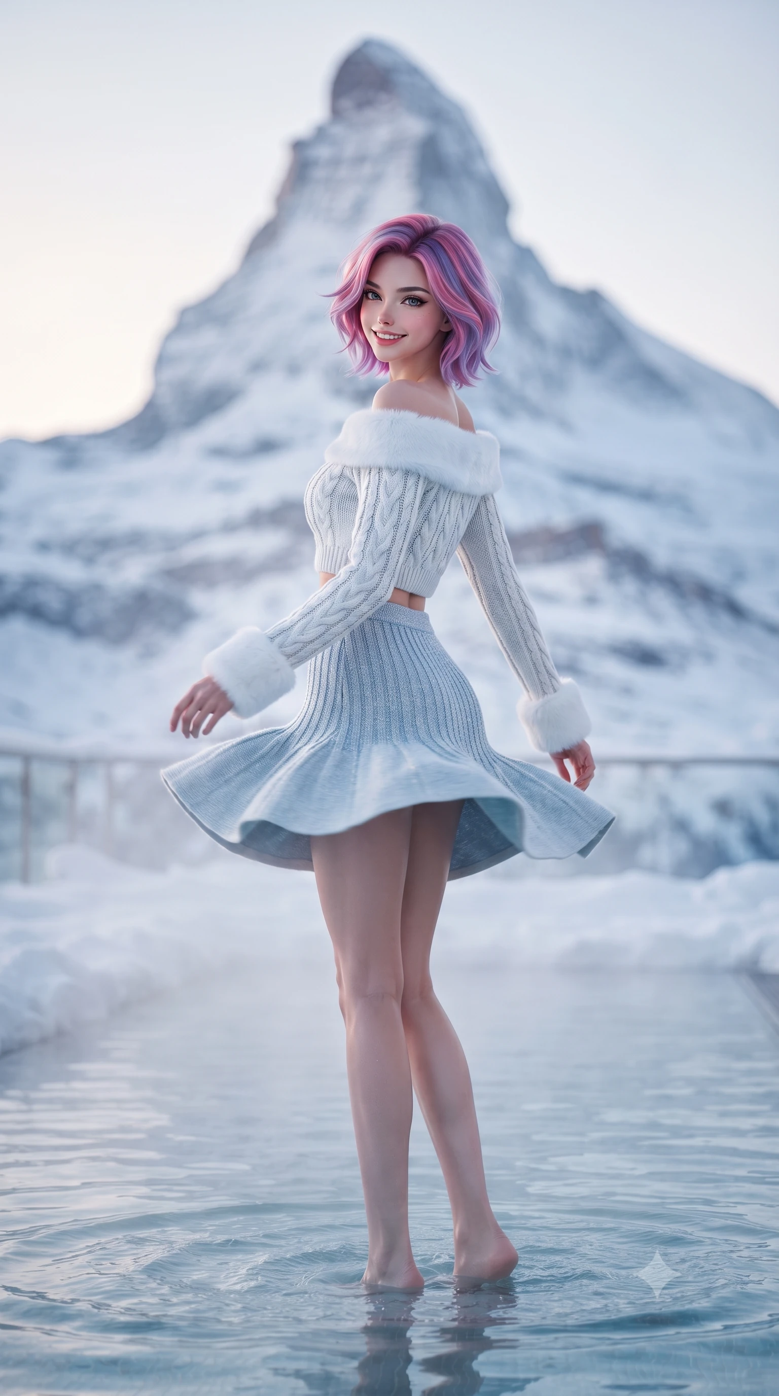 score_9, masterpiece, best quality, ultra-detailed, high-budget anime keyframe, editorial fashion photography, tasteful artistic composition, Caucasian woman. low angle full-body shot from head to toe showing her feet, filling the entire 9:16 vertical frame with her statuesque presence, stretching her vertical silhouette. executing a cheerful mid-motion pivot turn as her winter skirt flutters around her slender legs, glancing over her shoulder with an intoxicating, teasing bedroom-gaze while standing knee-deep in the steaming heated infinity pool on the snow-covered terrace, arching her back with a radiant teasing smile as the pyramid peak of the Matterhorn rises behind. The composition keeps background elements in soft focus with dreamy creamy bokeh. the colossal jagged pyramid of the snow-covered Matterhorn and pine slopes blurred into icy sapphire, platinum, and rose-gold bokeh. She has an exceptionally tall and slender model-like 8.5-heads proportion, an ultra-slim waist, a flat toned midriff, narrow delicate ribcage, and beautifully sculpted feminine hips creating a graceful, slim hourglass silhouette without any bulky heaviness, with impossibly long slender legs. sharp v-shaped jawline, high-bridge nose, sparkling ice-crystal eyes with depth, frosty thick lashes, glossy parted lips with a rosy berry sheen, bright playful smile with an intoxicating seductive glint, rosy flushed cheeks radiating cozy warmth and dangerous allure, flawlessly proportioned anatomical accuracy, strict slender model proportions, natural body alignment, perfectly sculpted long slender limbs, ultra-slim waistline, clean dynamic posture without body distortion. wearing an off-shoulder cable-knit crop sweater paired with a curve-hugging knit mini skirt tracing her hips in glacial ice-blue and crisp alpine white, woven from metallic silver lurex thread casting frosty glints in the light, finished with plush white faux-fur edging along the cuffs and collar, the form-fitting cut adhering flawlessly to her sculpted flat midriff and slender torso, emphasizing her long leg lines and perfectly proportioned willowy build. illuminated by steaming pool water caustics and sharp platinum rim lights carving her razor-sharp jawline, narrow waist, and curvy hips. ultra-reflective glossy finish, specular highlights, rich textural contrasts, high-contrast stereoscopic depth, volumetric dynamic lighting, 2k, ultra detail, master piece, 9:16 ratio