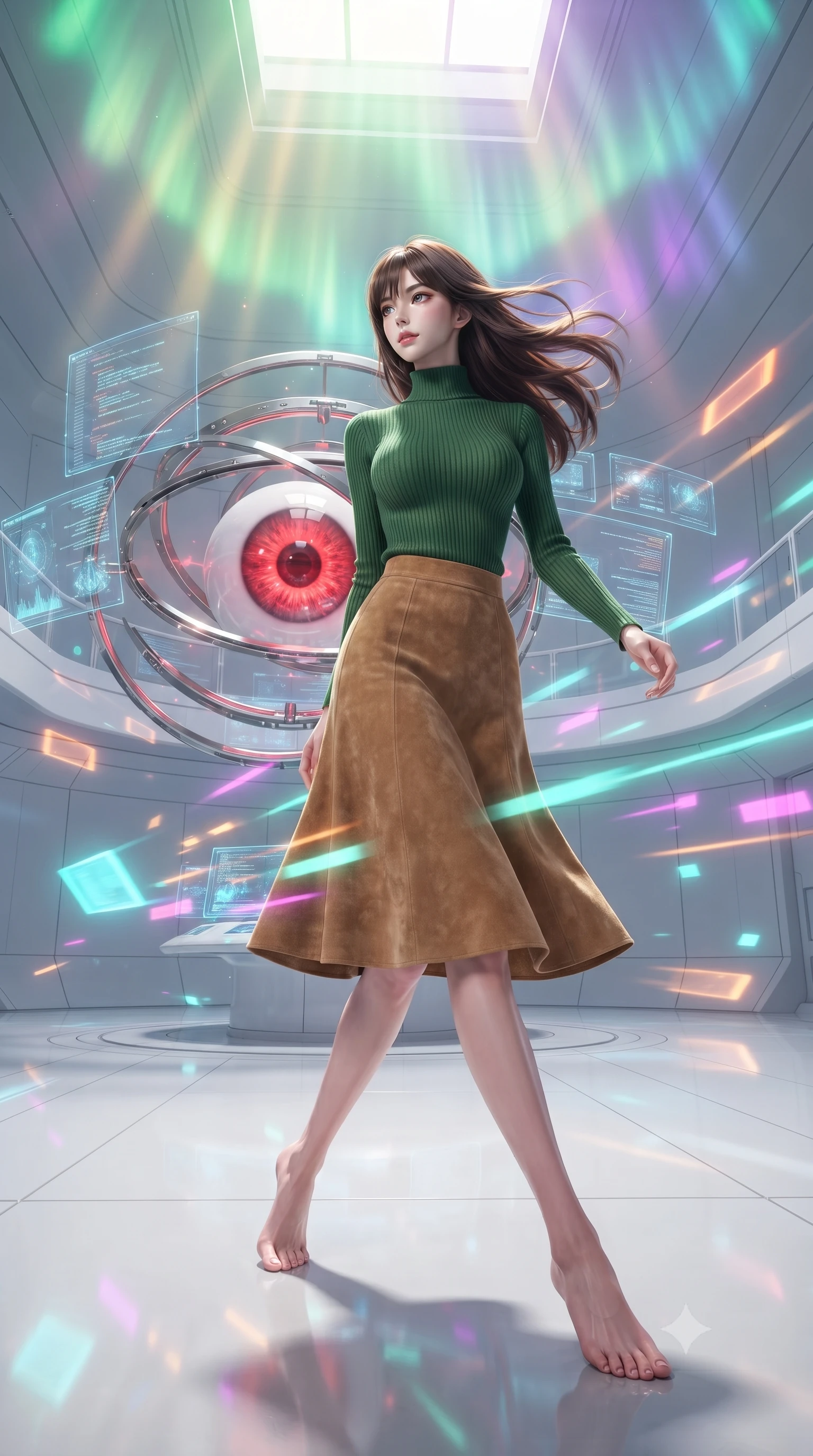 score_9, masterpiece, best quality, ultra-detailed, high-budget anime keyframe, editorial fashion photography, tasteful artistic composition, realistic cosplay photography, Korean woman. low angle full-body shot from head to toe showing her feet, filling the entire 9:16 vertical frame with her statuesque presence, stretching her vertical silhouette. weaving gracefully through a barrage of glowing obstacles in a blur of motion inside a futuristic white room where a giant red AI eye floats in the center, surrounded by rotating metal rings and data screens. She has a statuesque 8.5-heads proportion, an exceptionally tall, slender and willowy model-like build with impossibly long legs and a highly sculpted ultra-slim waist. sharp v-shaped jawline, high-bridge nose, intricate jewel-like eyes with depth, thick eyelashes, glossy lips with a natural sheen. wearing catching and diffusing the glowing particles, shimmering softly in response to the surrounding light, a body-hugging high-neck forest green ribbed long-sleeve top paired with a tan suede A-line midi skirt. illuminated by a shifting aurora palette of green violet and gold from above. ultra-reflective glossy finish, specular highlights, metallic sheen, high-contrast stereoscopic depth, volumetric dynamic lighting, 2k, ultra detail, master piece, 9:16 ratio